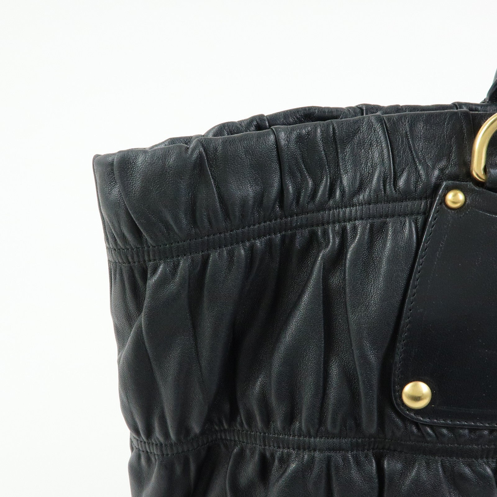 PRADA Logo Leather Gathered Tote Bag Hand Bag Black