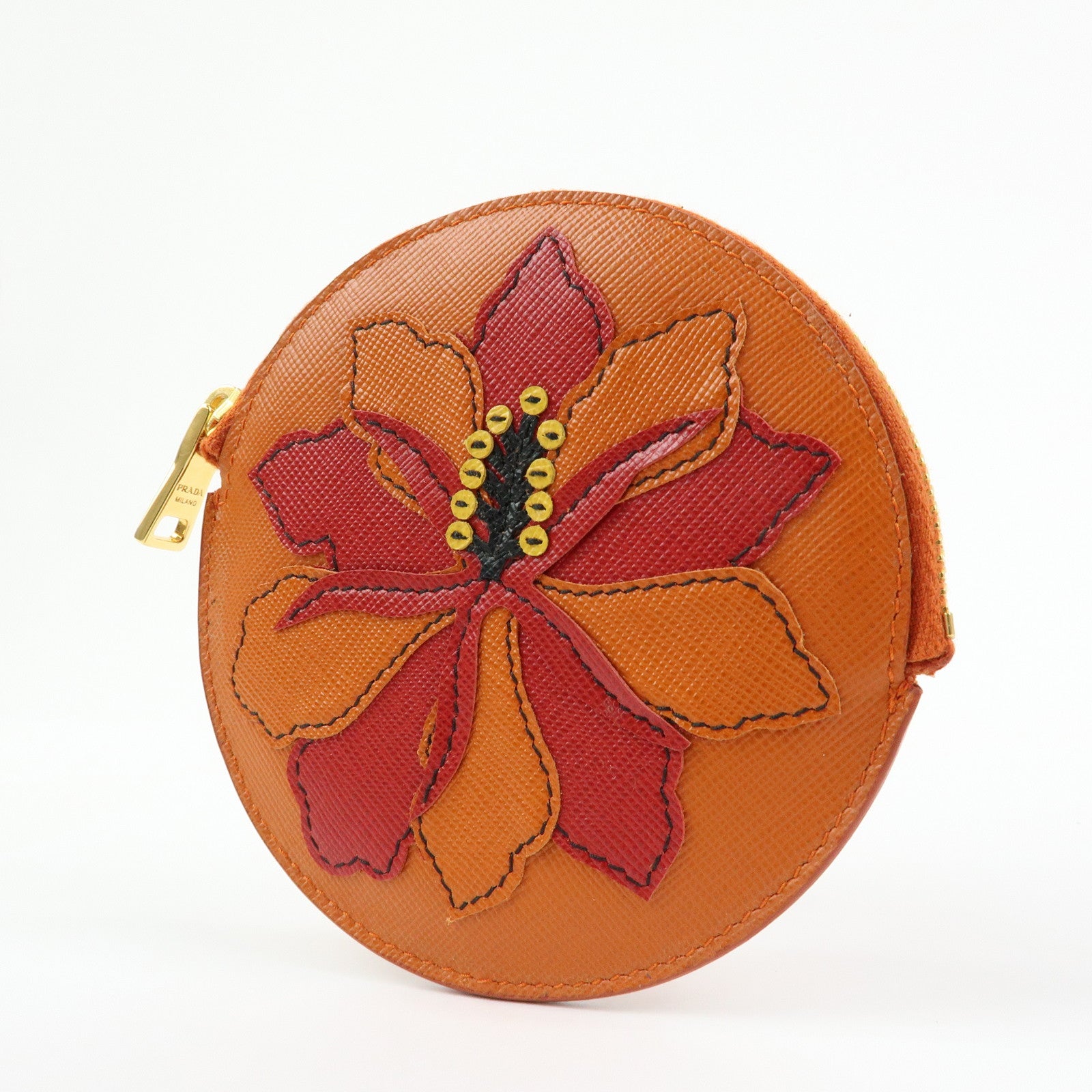 PRADA Saffiano Leather Flower Motif Round Coin Case Orange 1M1400