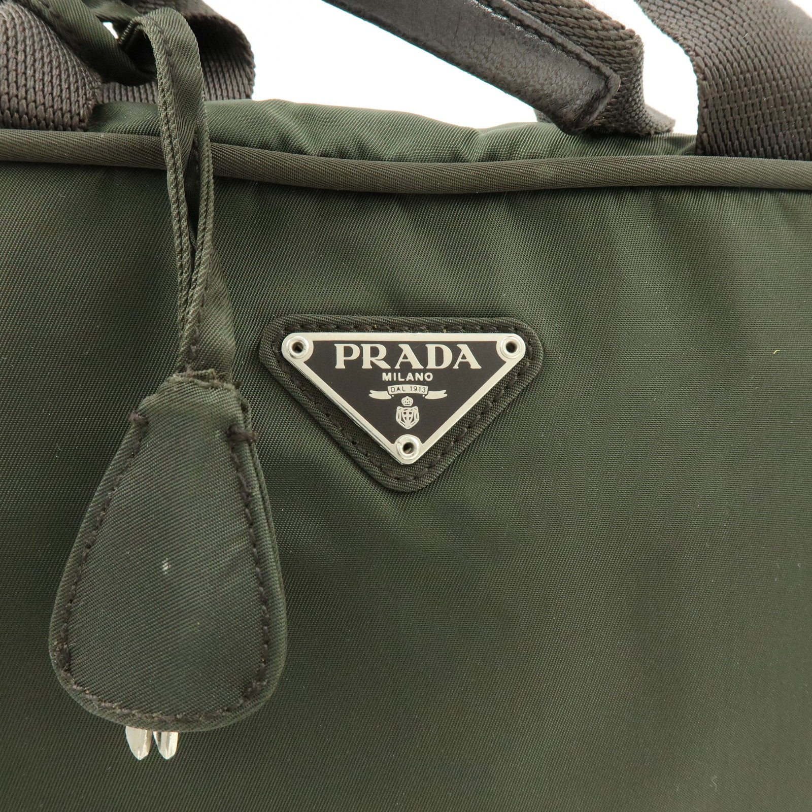 PRADA Triangle Logo Nylon Leather Hand Bag Tote Boston Bag Khaki