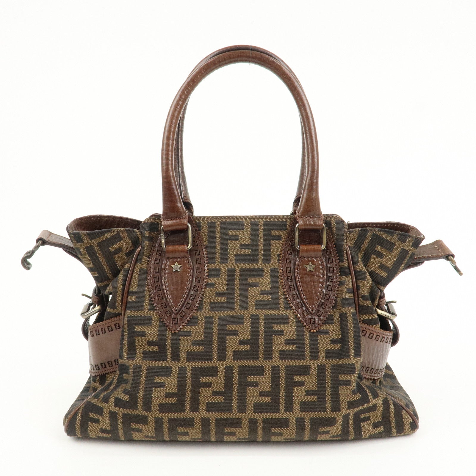 FENDI Ethnico Zucca Canvas Leather Shoulder Bag Brown 8BN157