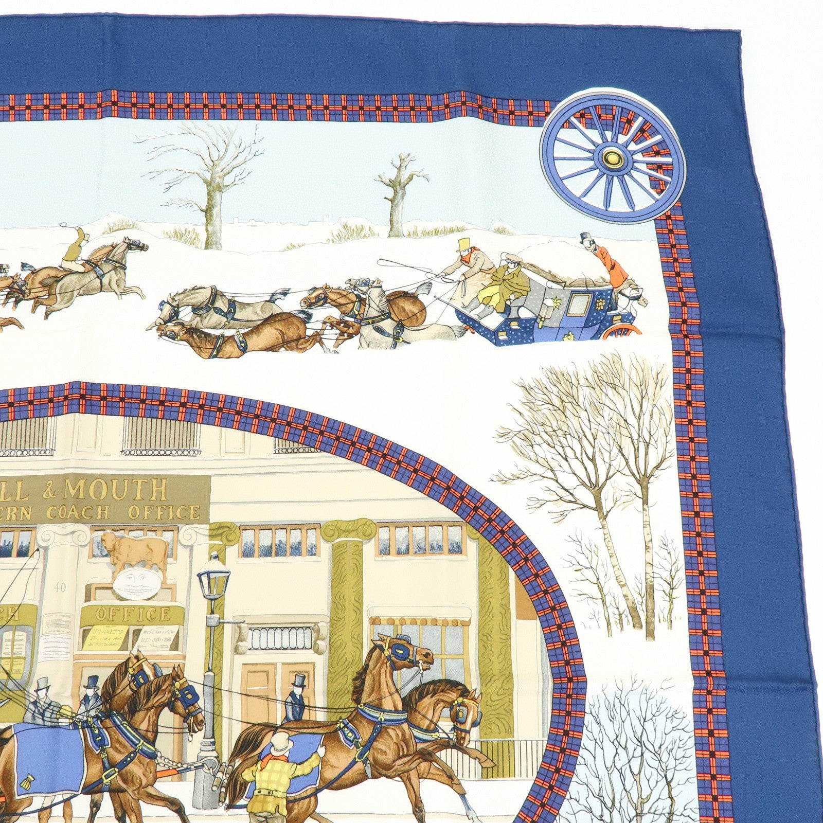 HERMES Carre 90 Silk 100% L'HIVER EN POSTE Scarf Navy Brown