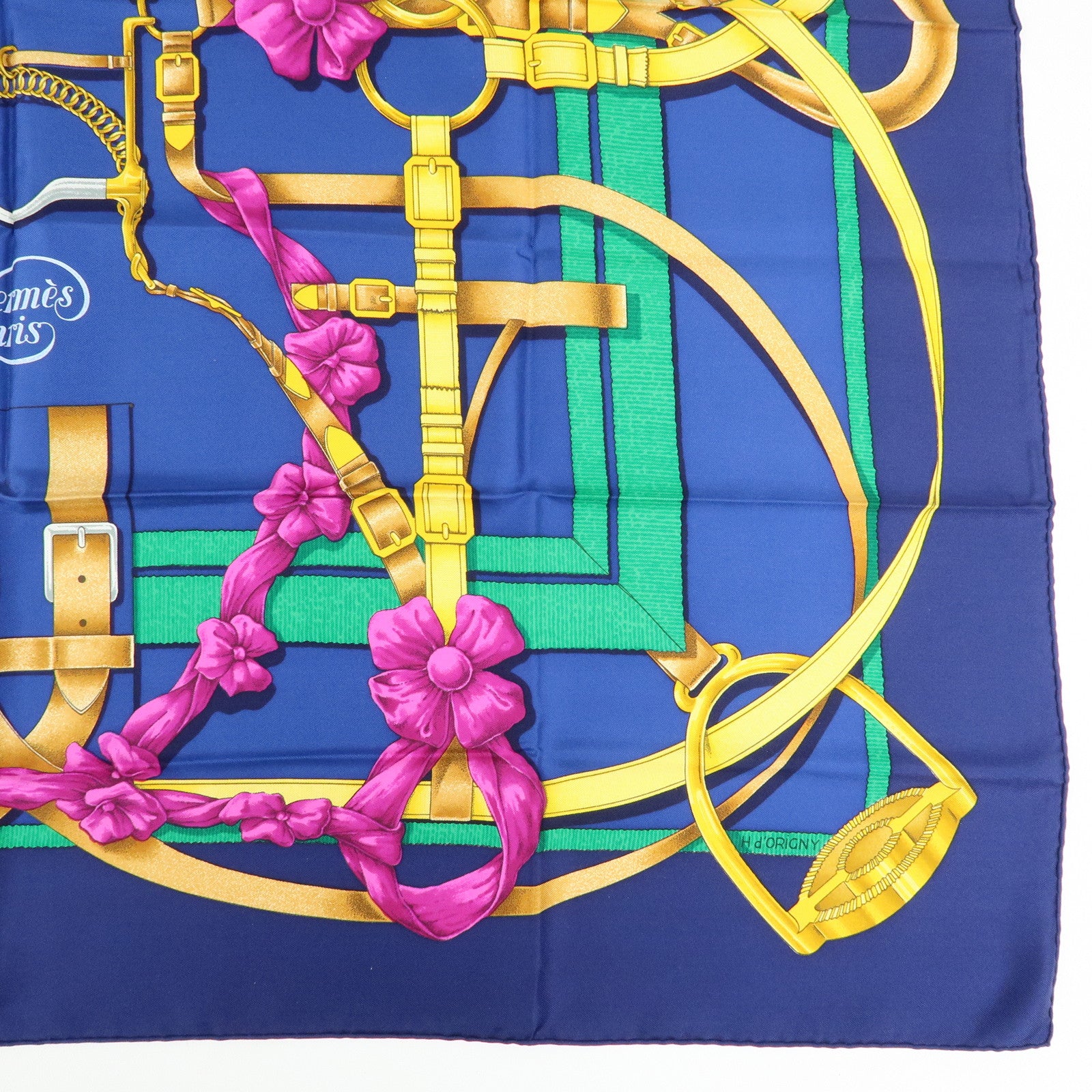 HERMES Carre 90 Silk 100% Scarf Grand Manege Navy Gold