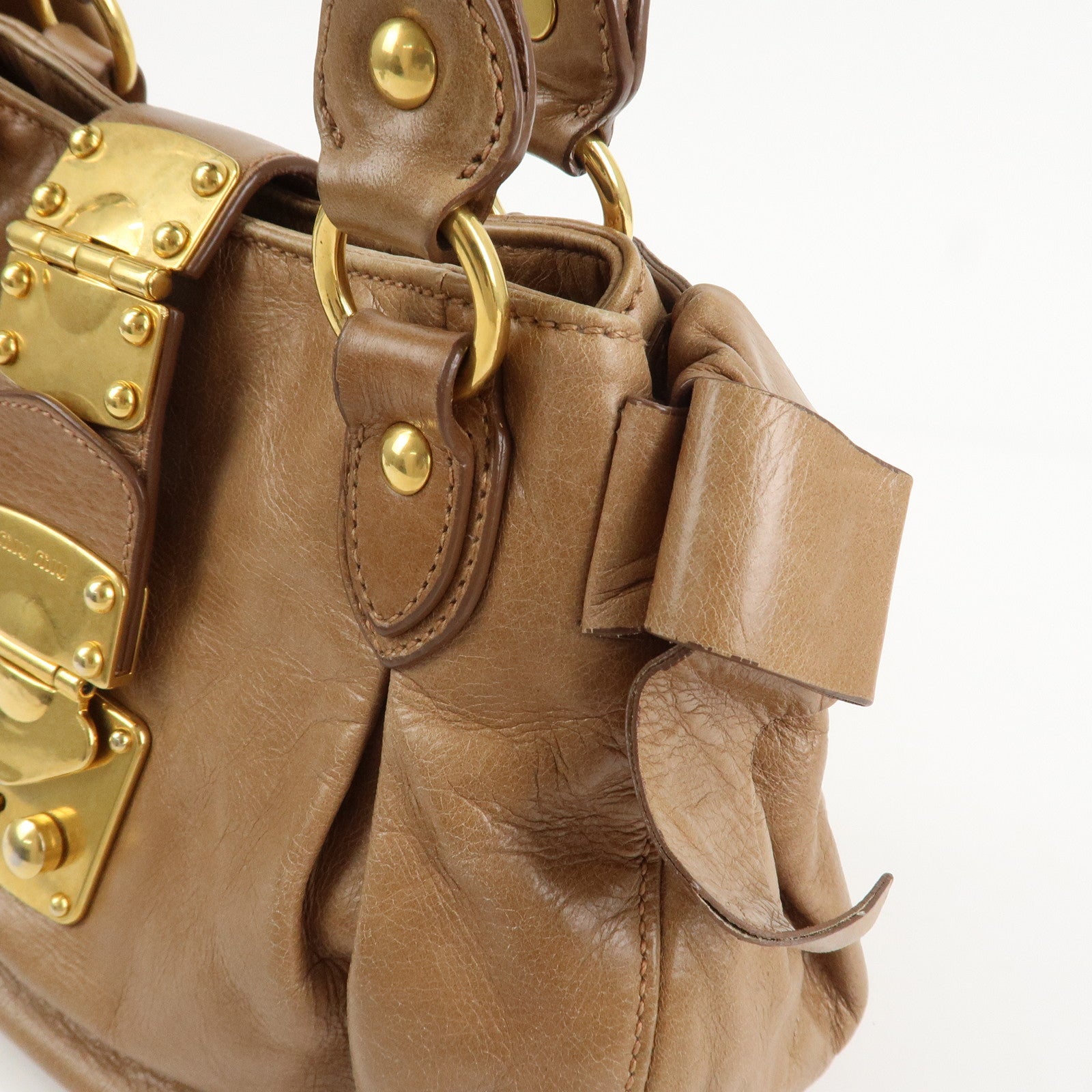 MIU MIU Leather Side Ribbon 2Way Bag Hand Bag Beige Gold