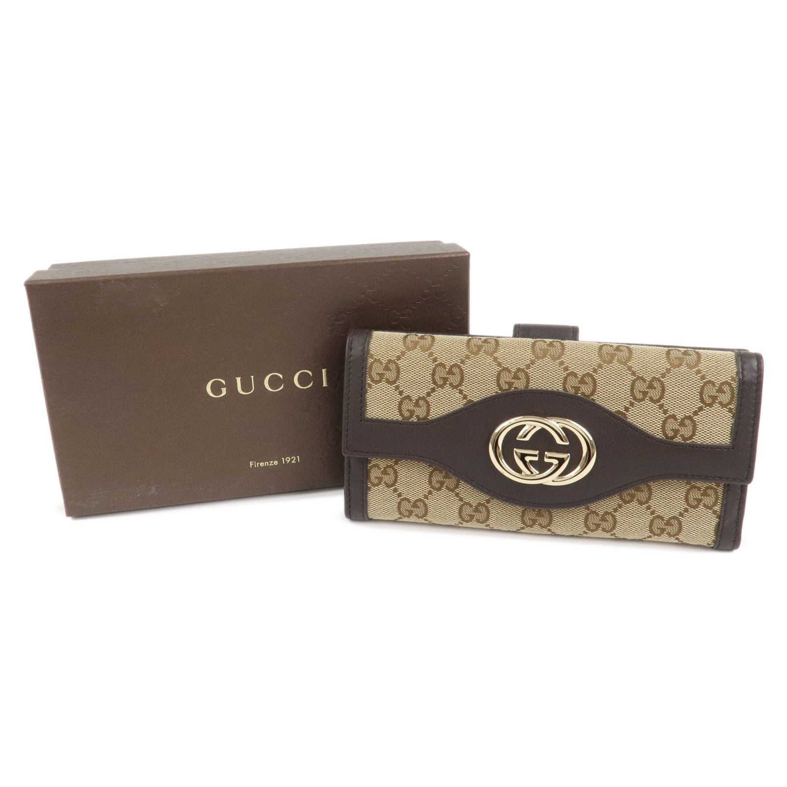 GUCCI Interlocking G GG Canvas Double Flap Long Wallet Brown 282426