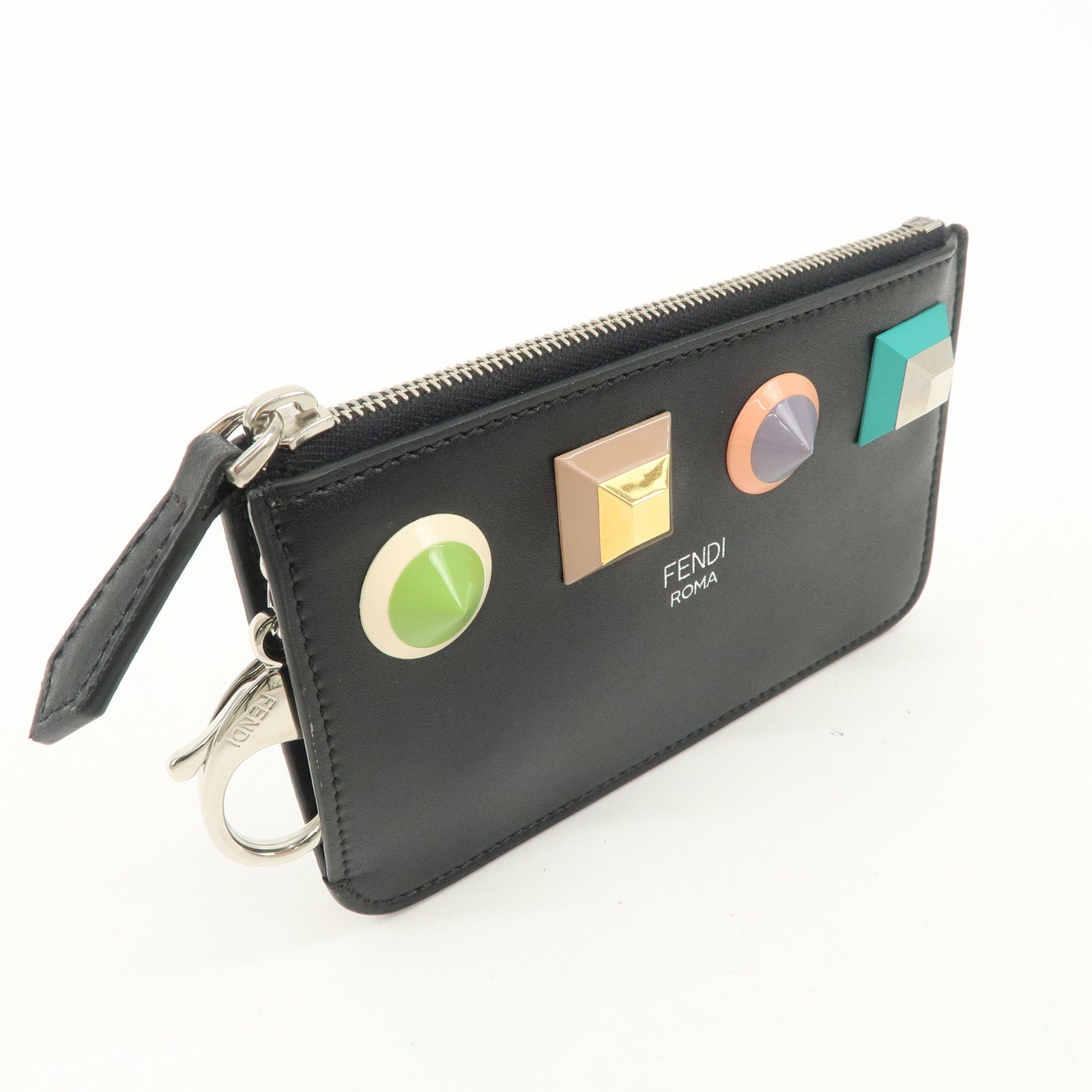 FENDI Logo Leather Studs Coin Purse Coin Case Black 8AP151 Used