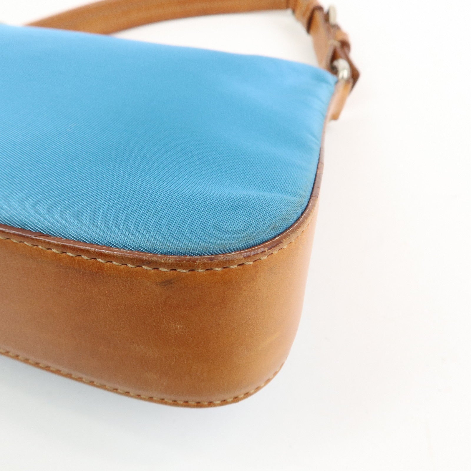 PRADA Triangle Logo Nylon Leather Shoulder Bag Blue Brown BR2205