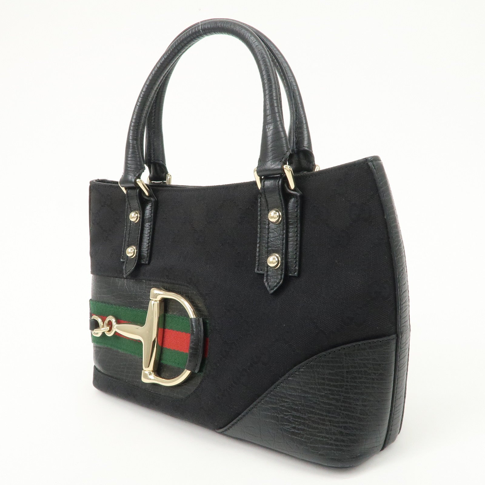 GUCCI Horsebit Sherry GG Canvas Leather Hand Bag Black 137475