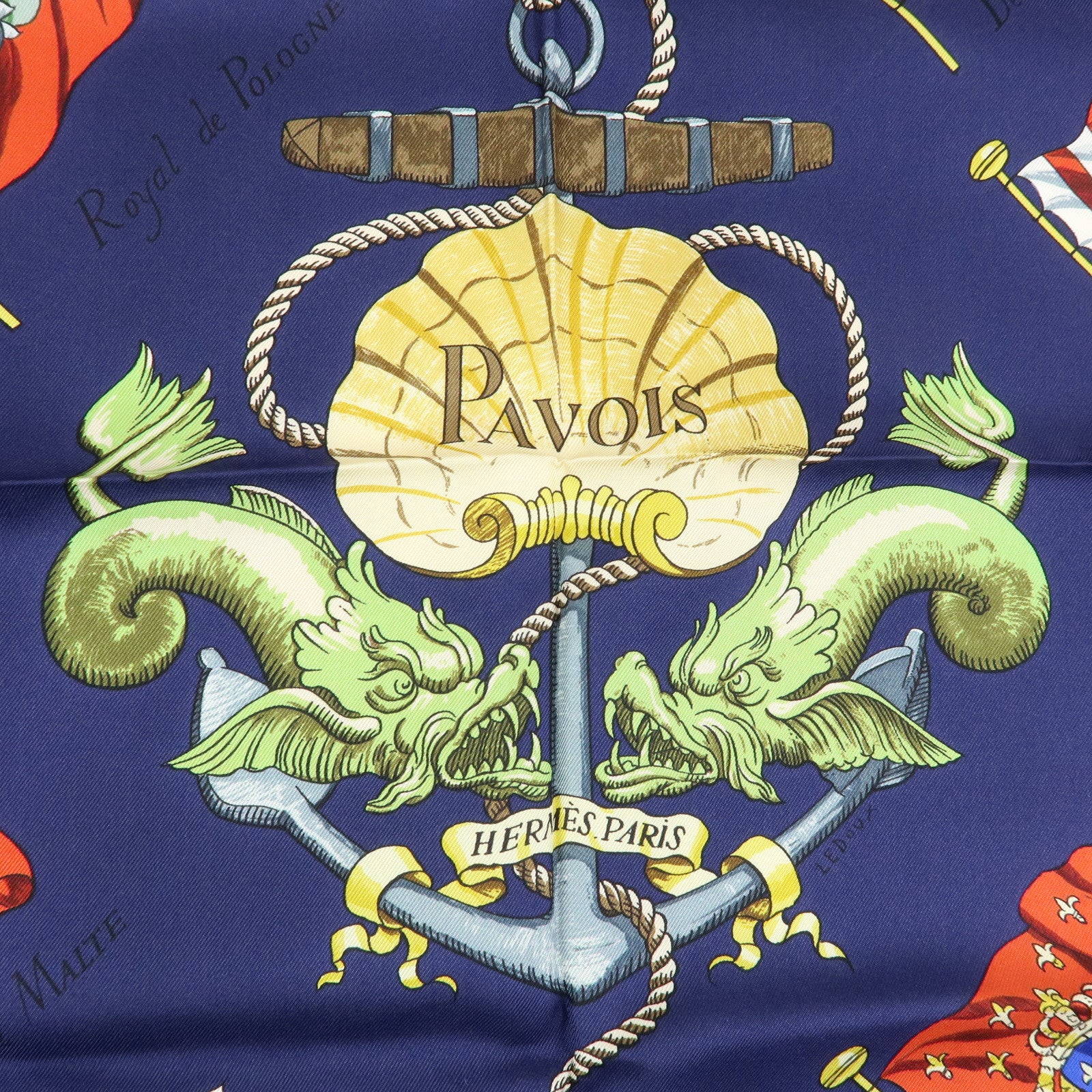 HERMES Carre 90 Silk 100% Scarf PAVOIS Navy Red