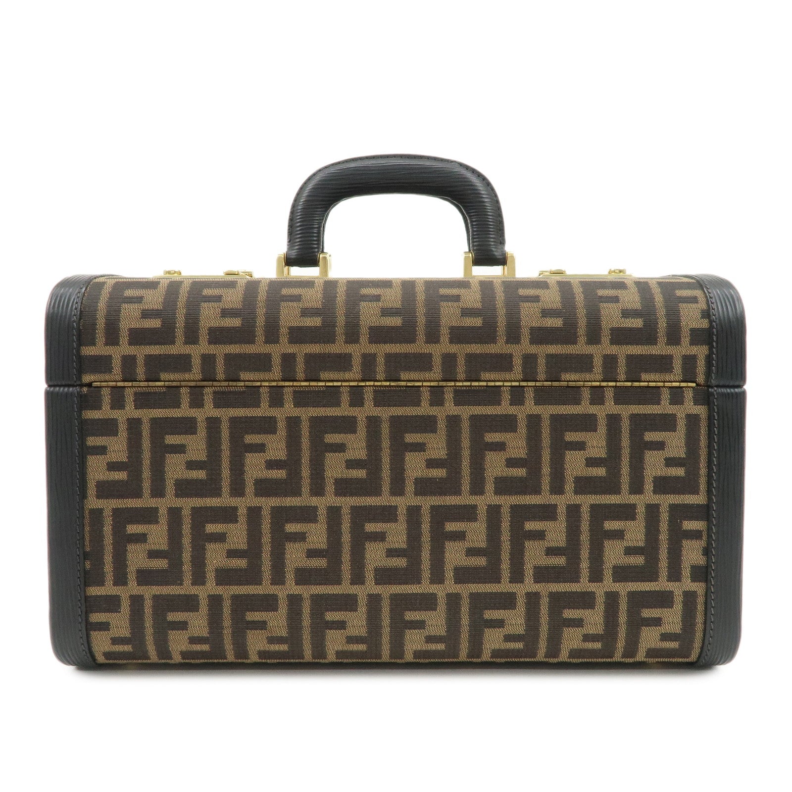 FENDI Zucca Canvas Leather Vanity Bag Makeup Box Brown Black