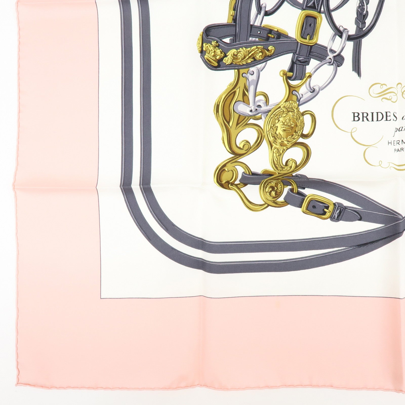 HERMES Carre 90 Silk 100% Scarf BRIDES DE GALA Light Pink Gray Gold