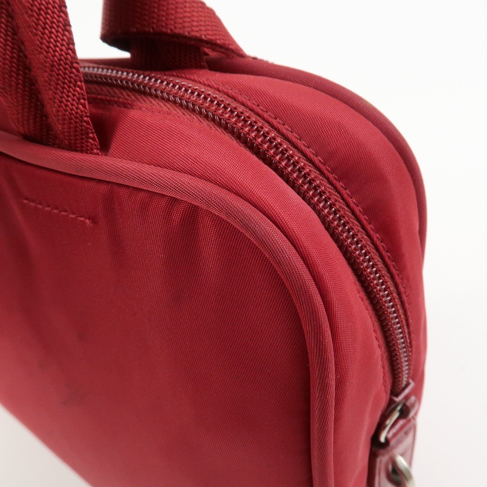 PRADA Triangle Logo Nylon Leather Hand Bag Wine Red B8495