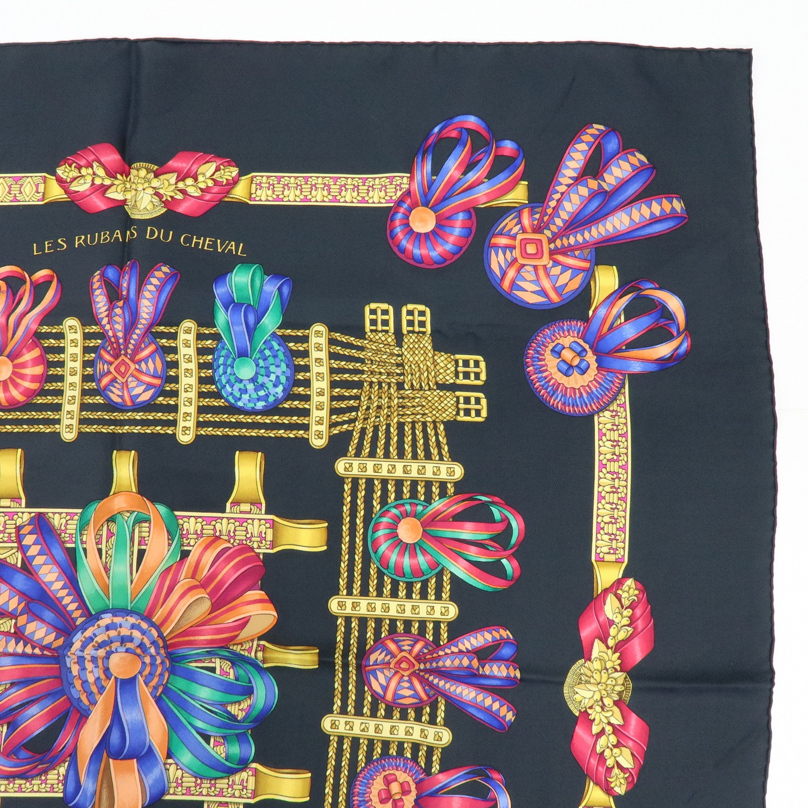 HERMES Carre 90 Silk 100% Scarf LES RUBANS DU CHEVAL Black Gold