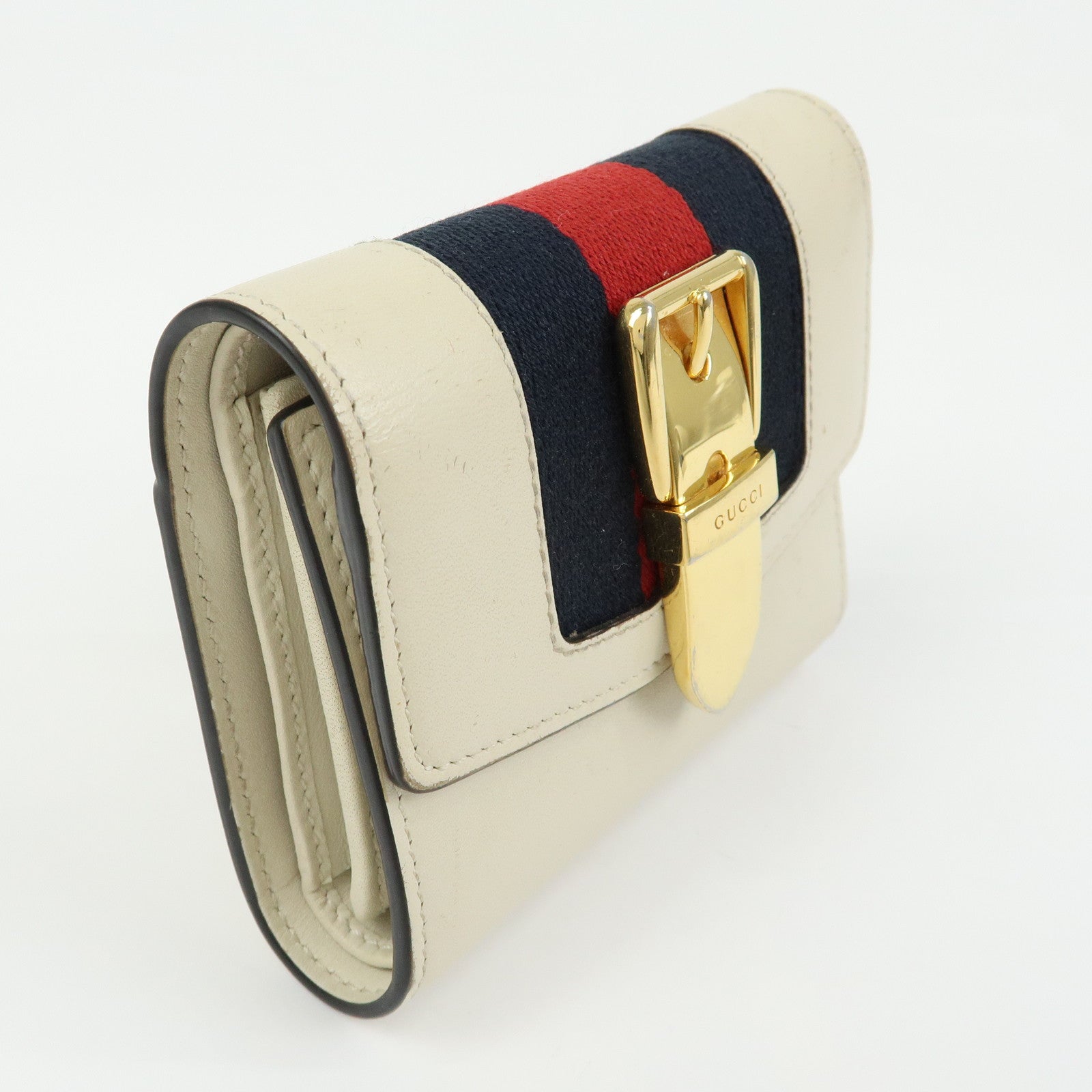GUCCI Sherry Silvie Leather Tri-fold Compact Wallet Ivory 476081