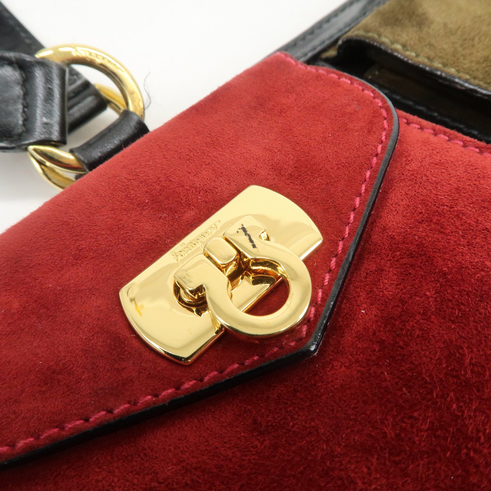 Ferragamo Gancini Suede Leather Hand Bag Tote Bag Black Khaki Red