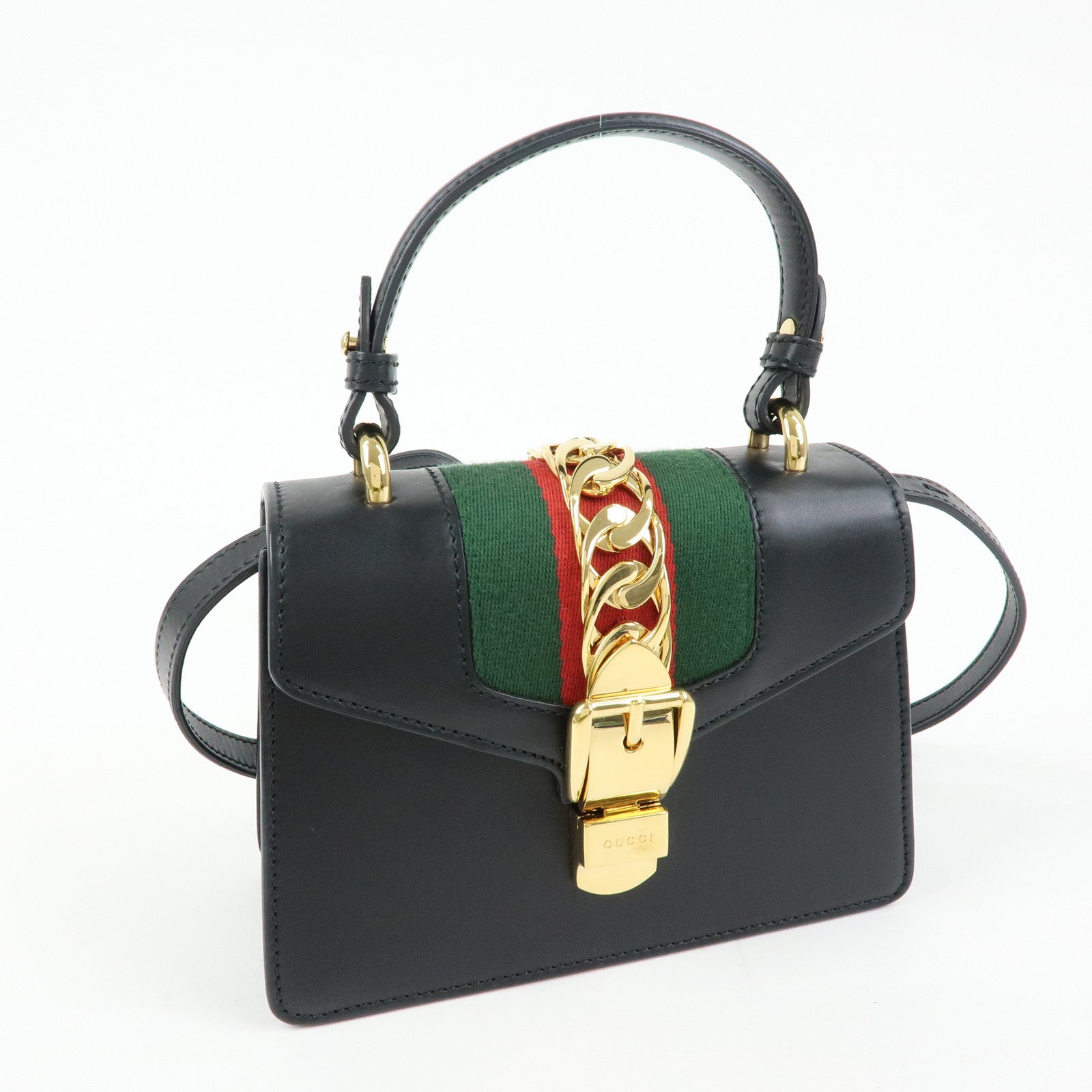 GUCCI Sylvie Sherry Leather 2Way Hand Bag Shoulder Bag Black 470270