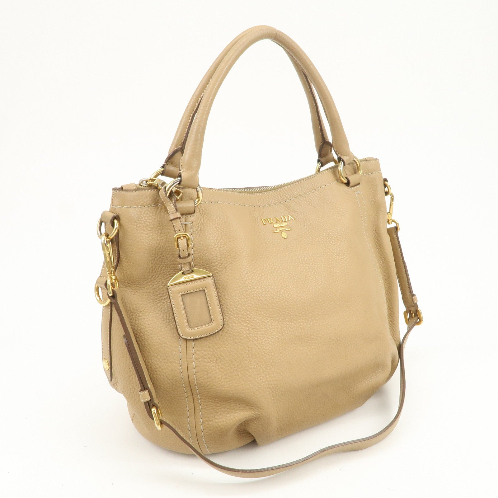 PRADA Logo Leather 2Way Bag Hand Bag Shoulder Bag Camel