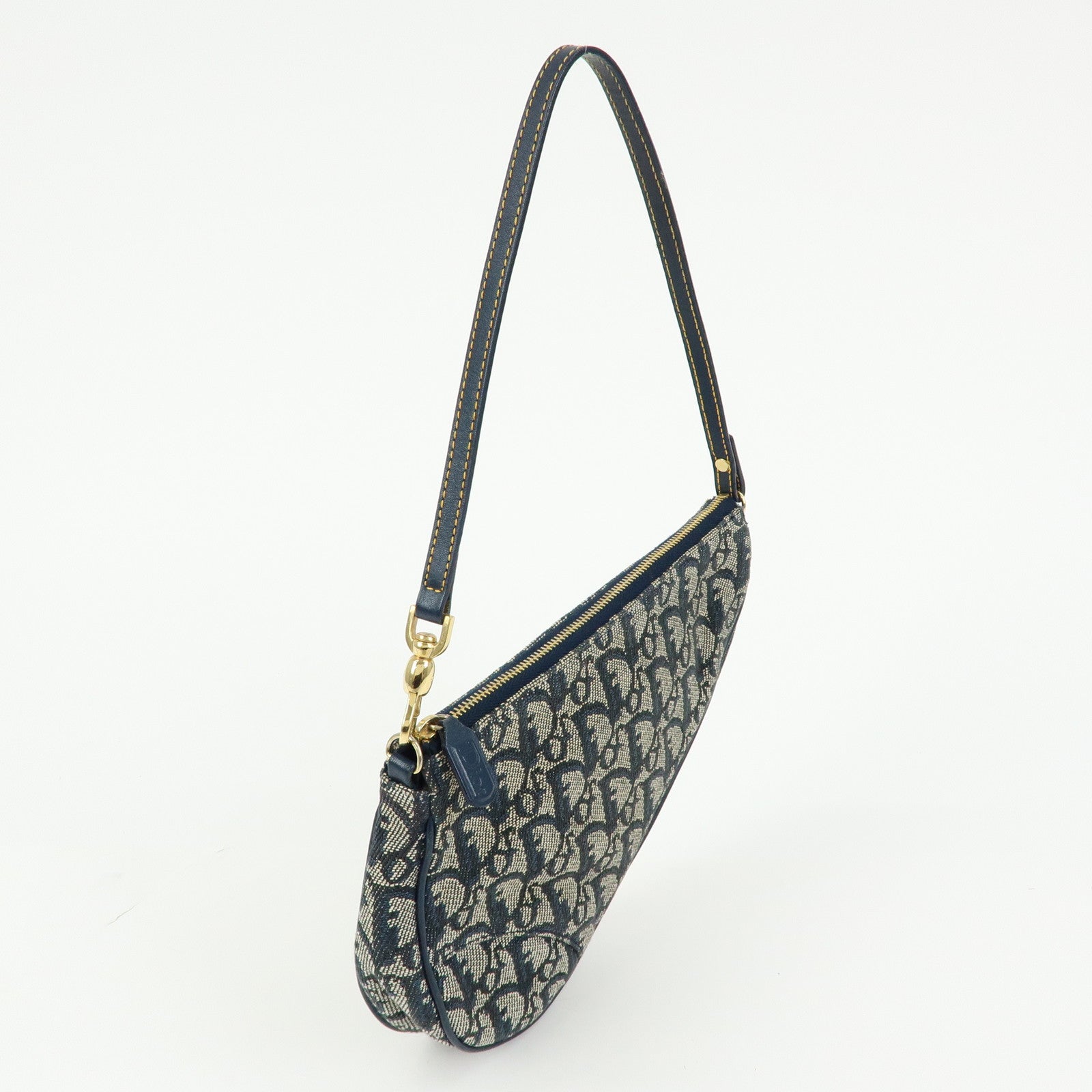 Christian Dior Saddle Oblique Canvas Leather Hand Bag Navy White