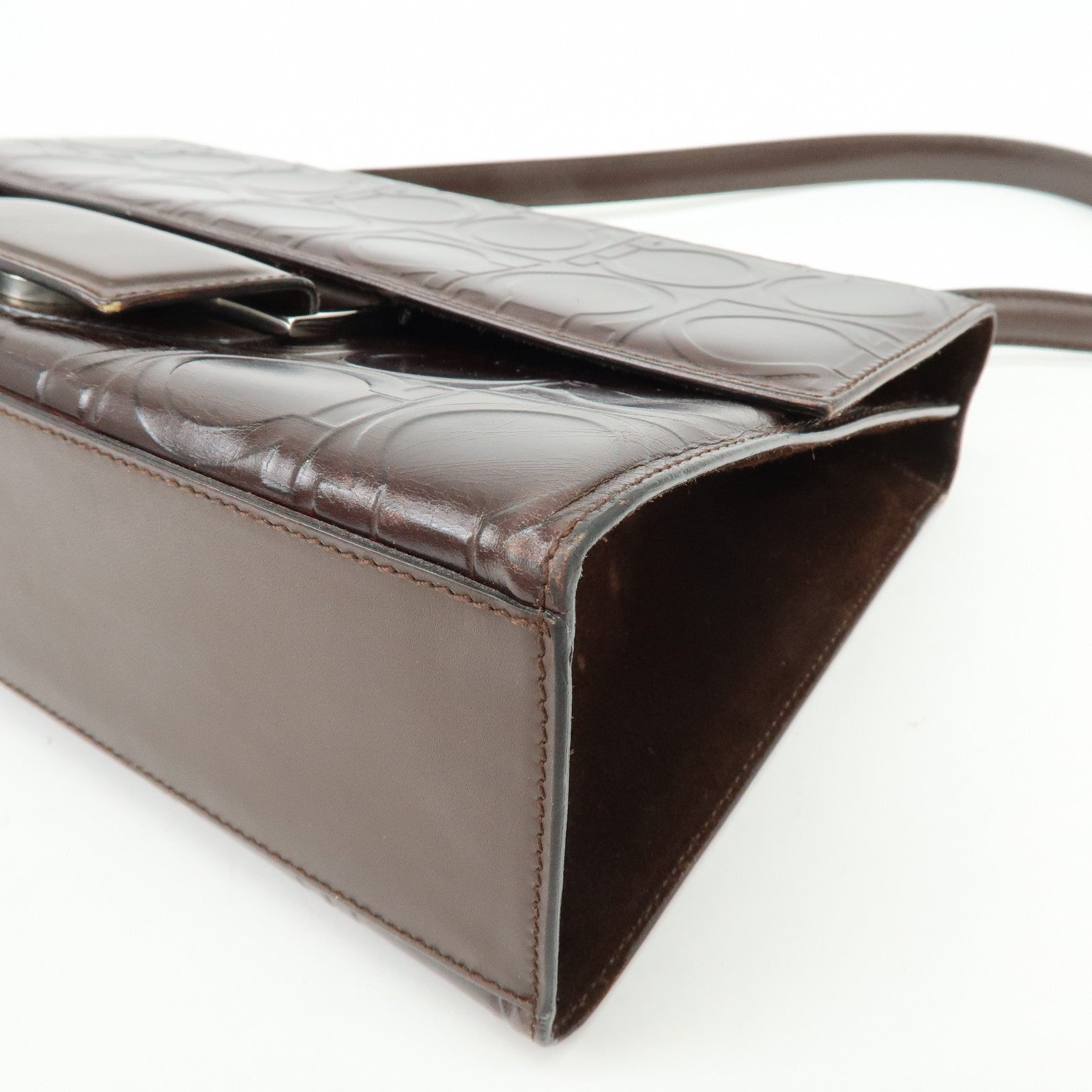 Ferragamo Gancini Leather Shoulder Bag Hand Bag Dark Brown