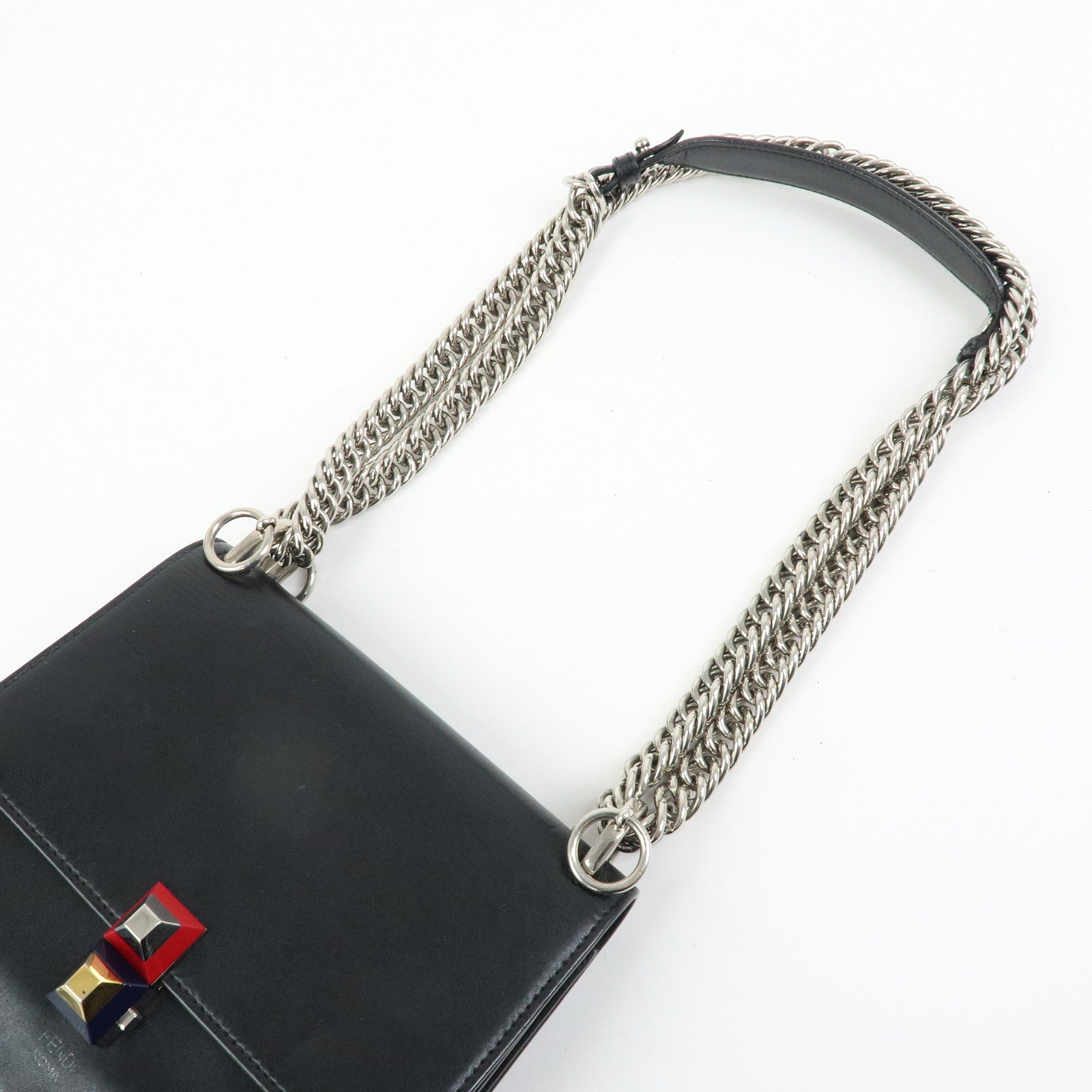 FENDI Kan I Mini Leather Chain Shoulder Crossbody Bag Black 8M0381