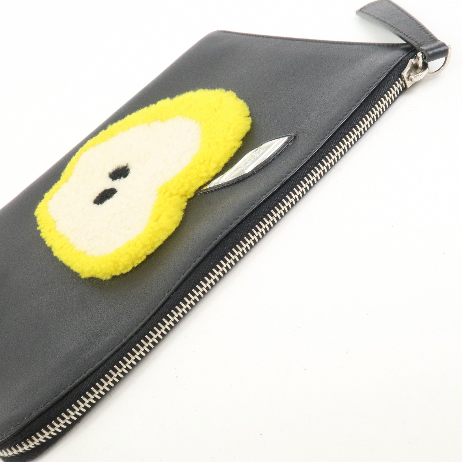 FENDI Leather Wool Apple Motif Clutch Bag Pouch Black 8M0363