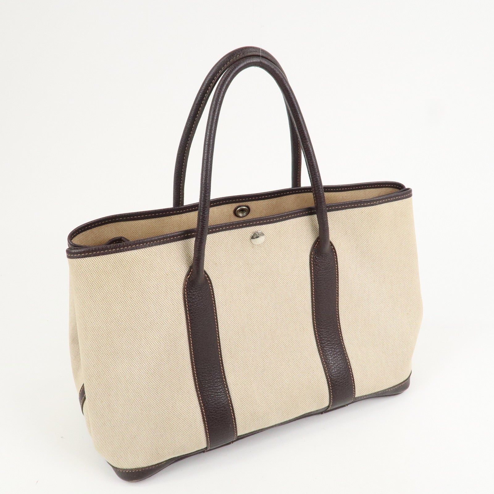 HERMES Leather Toile H Garden Party PM Tote Bag Hand Bag Natural