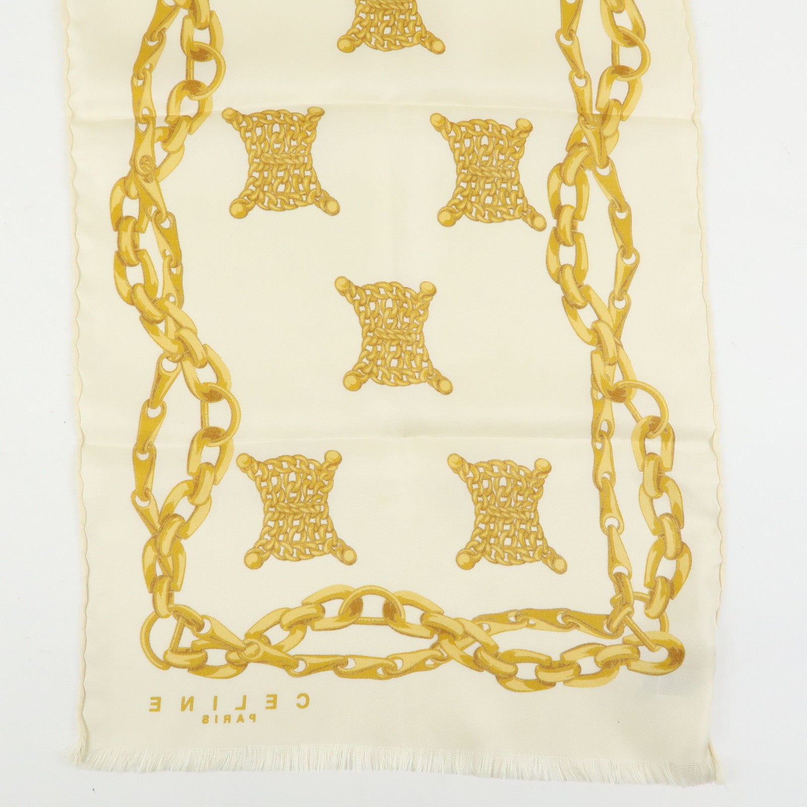 CELINE Macadam Chain Patten Silk 100% Scarf Ivory Gold
