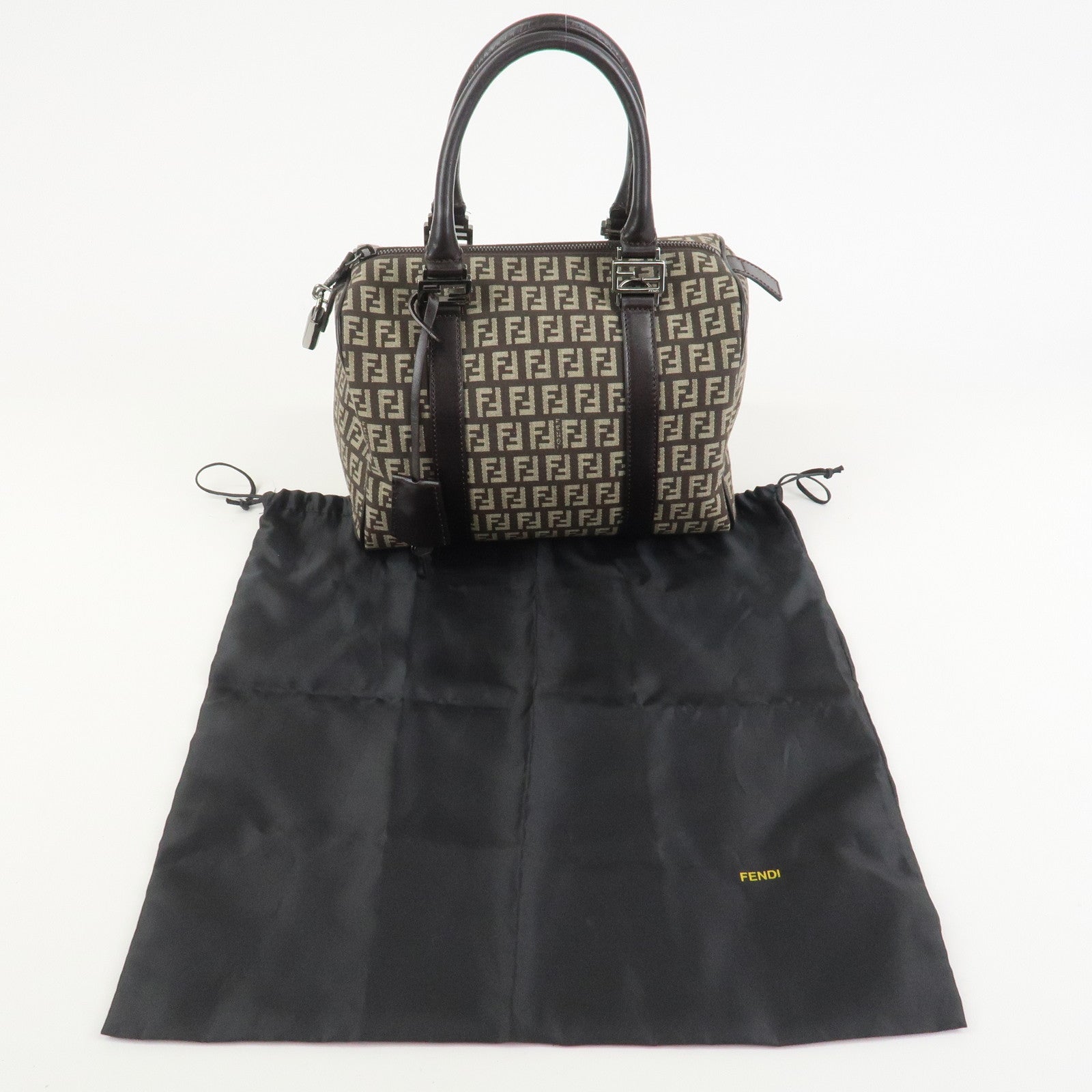 FENDI Zucchino Canvas Leather Hand Bag Boston Bag Brown 8BL068