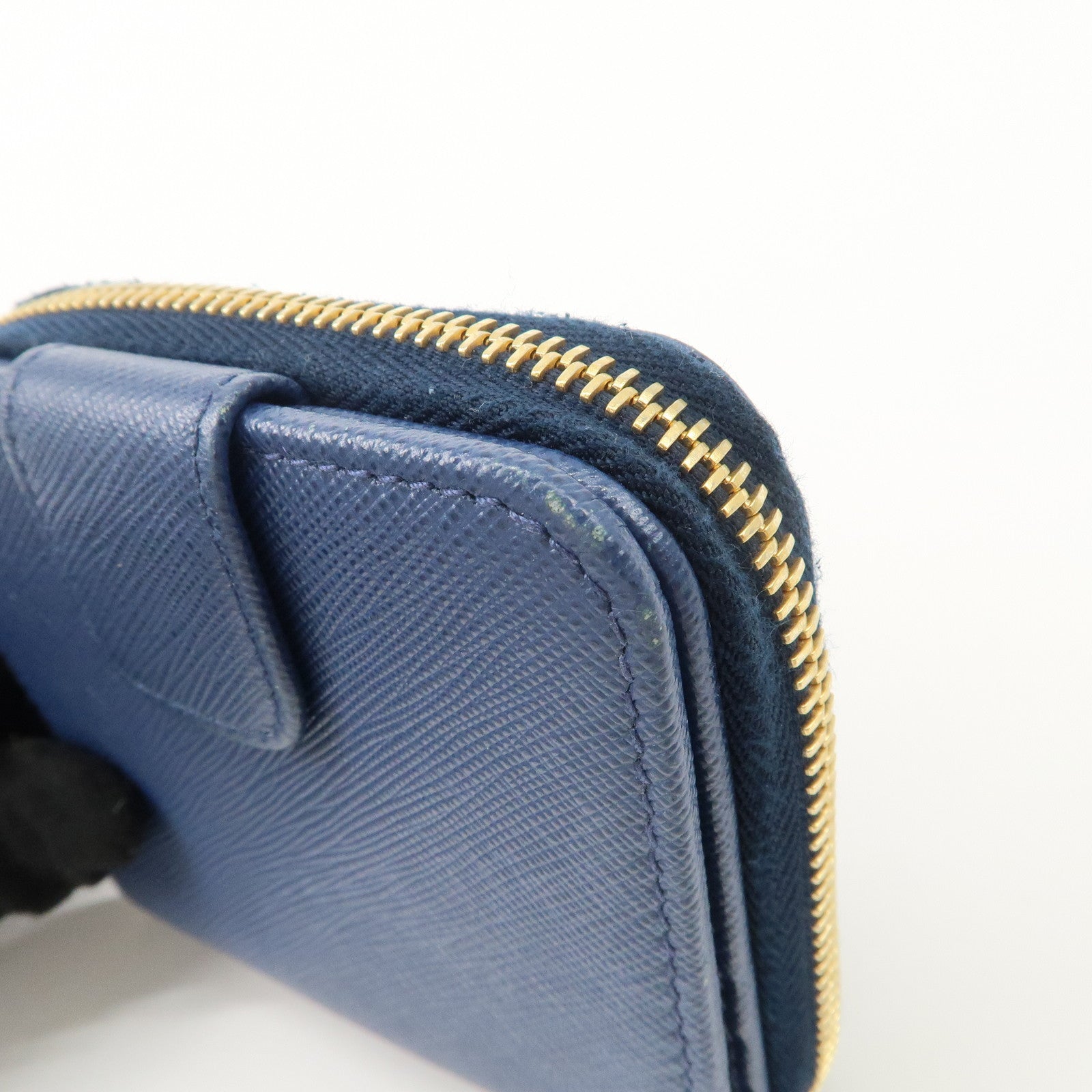 PRADA Logo Leather Round Zippy Bi-fold Wallet Blue 1ML522 Used