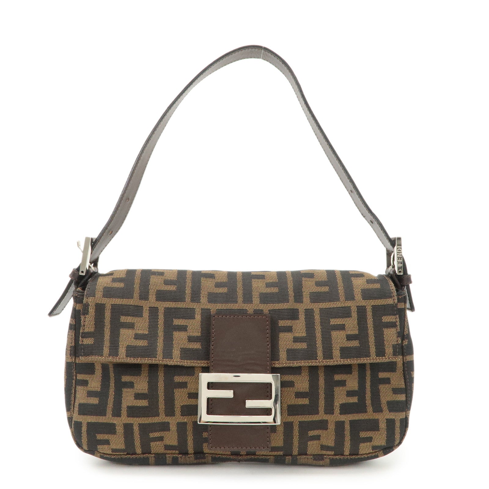 FENDI Mamma Baguette Zucca Canvas Leather Shoulder Bag Hand Bag Black Brown 26424