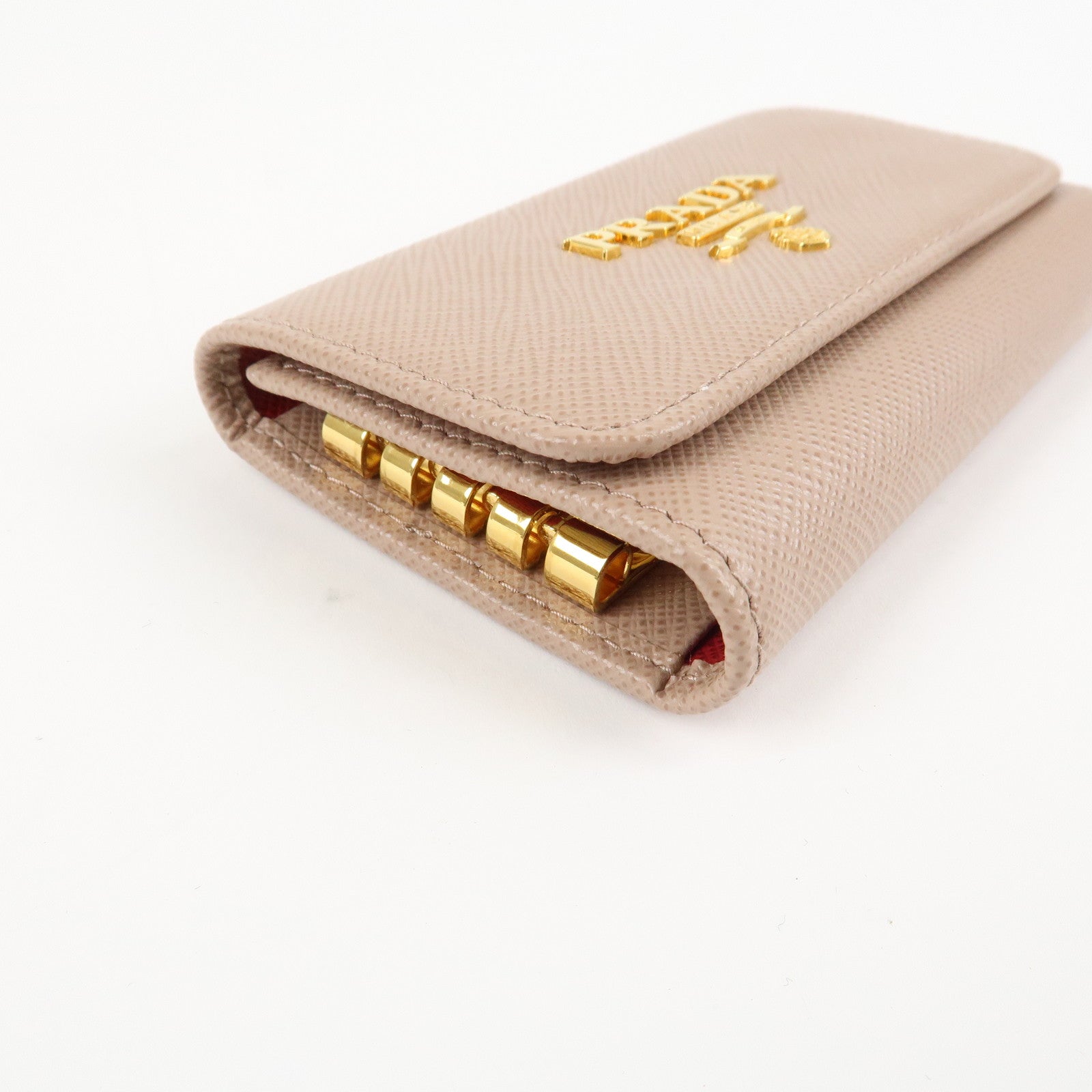 PRADA Logo Leather 4 Rings Key Case Key Holder Beige 1PG004 Used