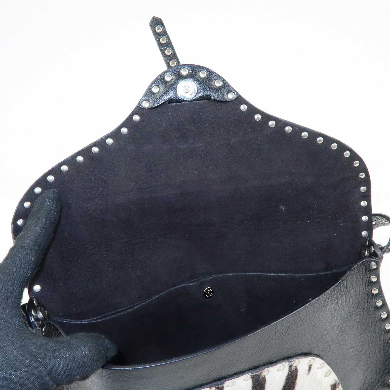 CELINE Haircalf Leather Studs Hand Bag Zebra Print Black White