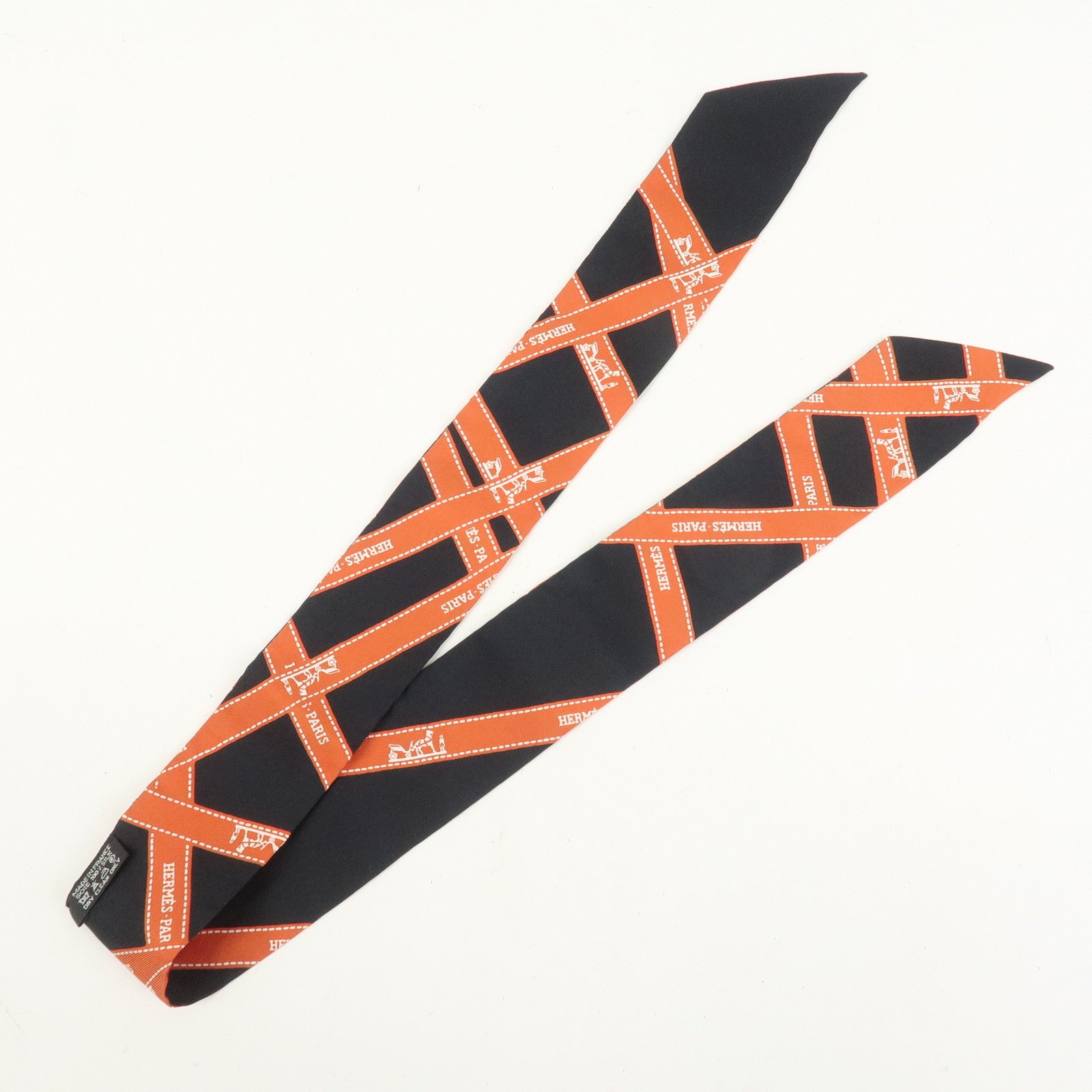 HERMES Twilly Silk 100% Bolduc Scarf Black Orange