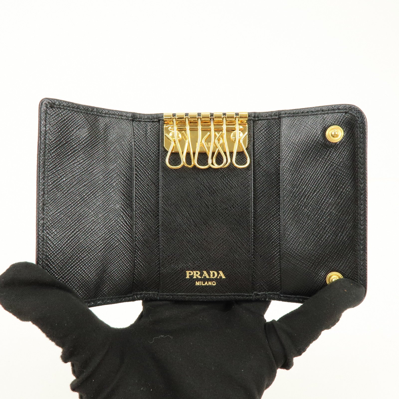 PRADA Triangle Logo Nylon 6 Rings Key Case Key Holder Black 1PG222