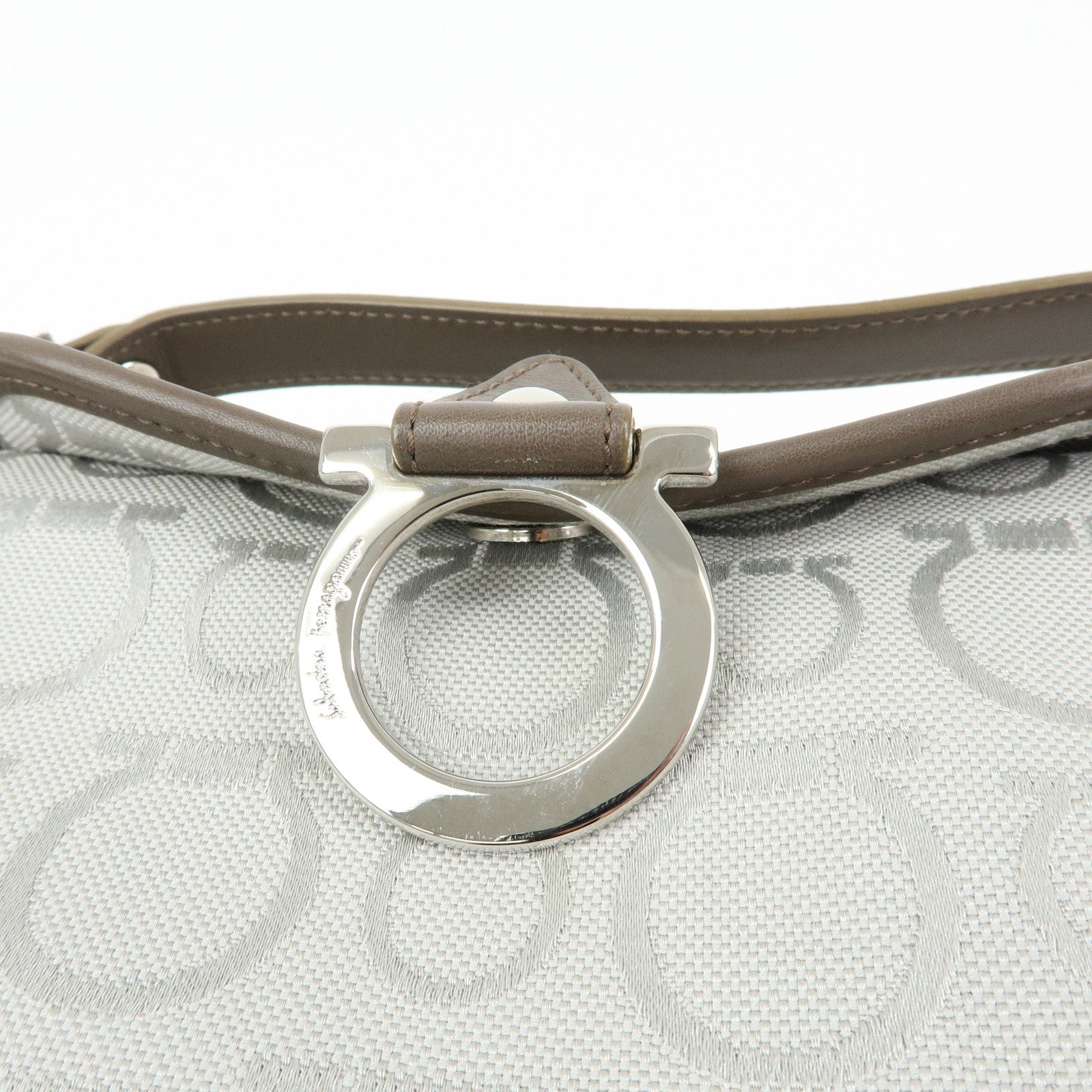 Ferragamo Gancini Canvas Leather Shoulder Bag Hand Bag Gray Brown