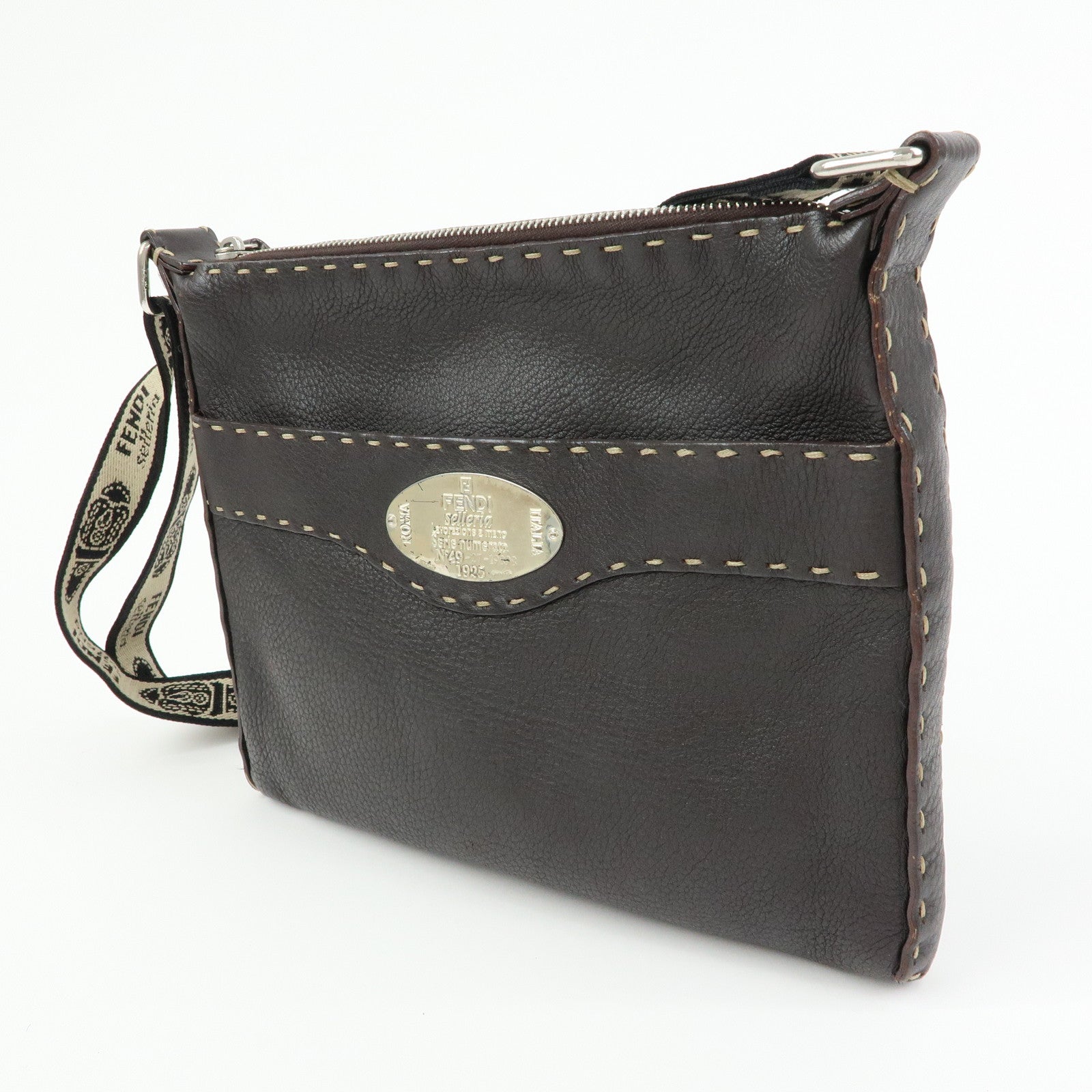 FENDI Selleria Leather Shoulder Bag Crossbody Bag Brown 8BT092