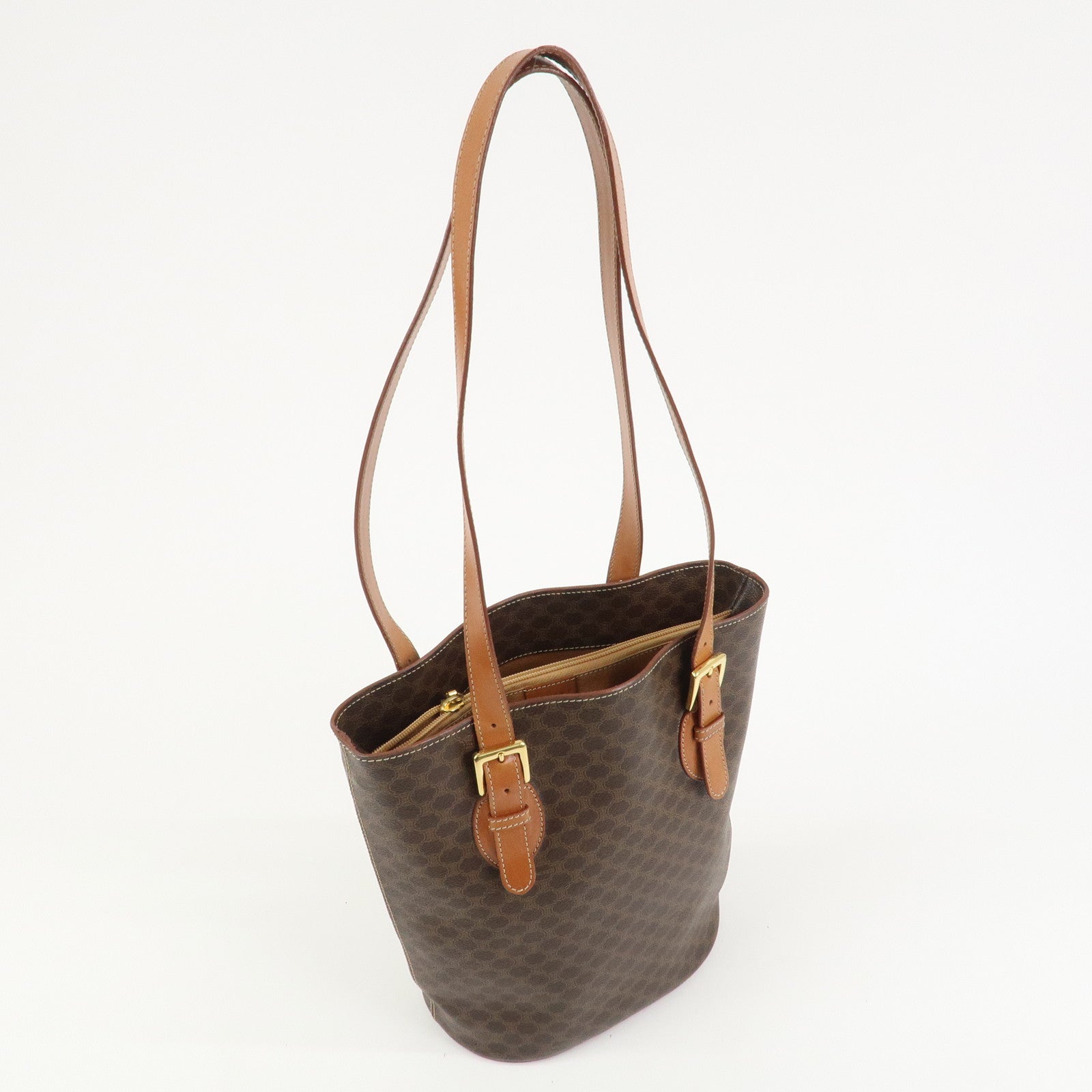 CELINE Macadam PVC Canvas Leather Tote Bag Hand Bag Brown