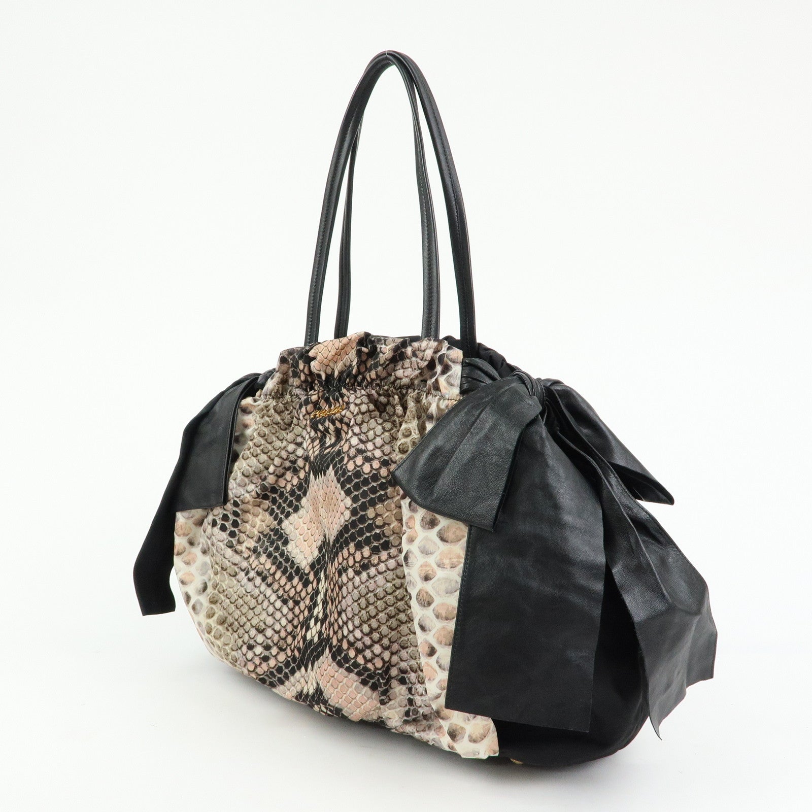 Prada Nylon Leather Ribbon Python Print Tote Bag Black Pink BR4206
