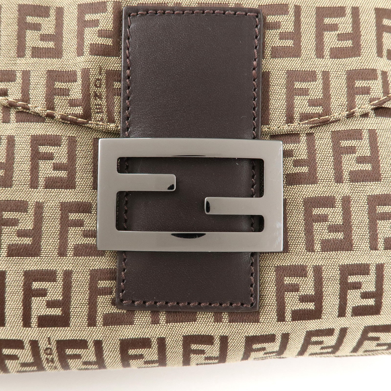 FENDI Mamma Baguette Zucchino Canvas Leather Hand Bag Brown 8BR003 Used