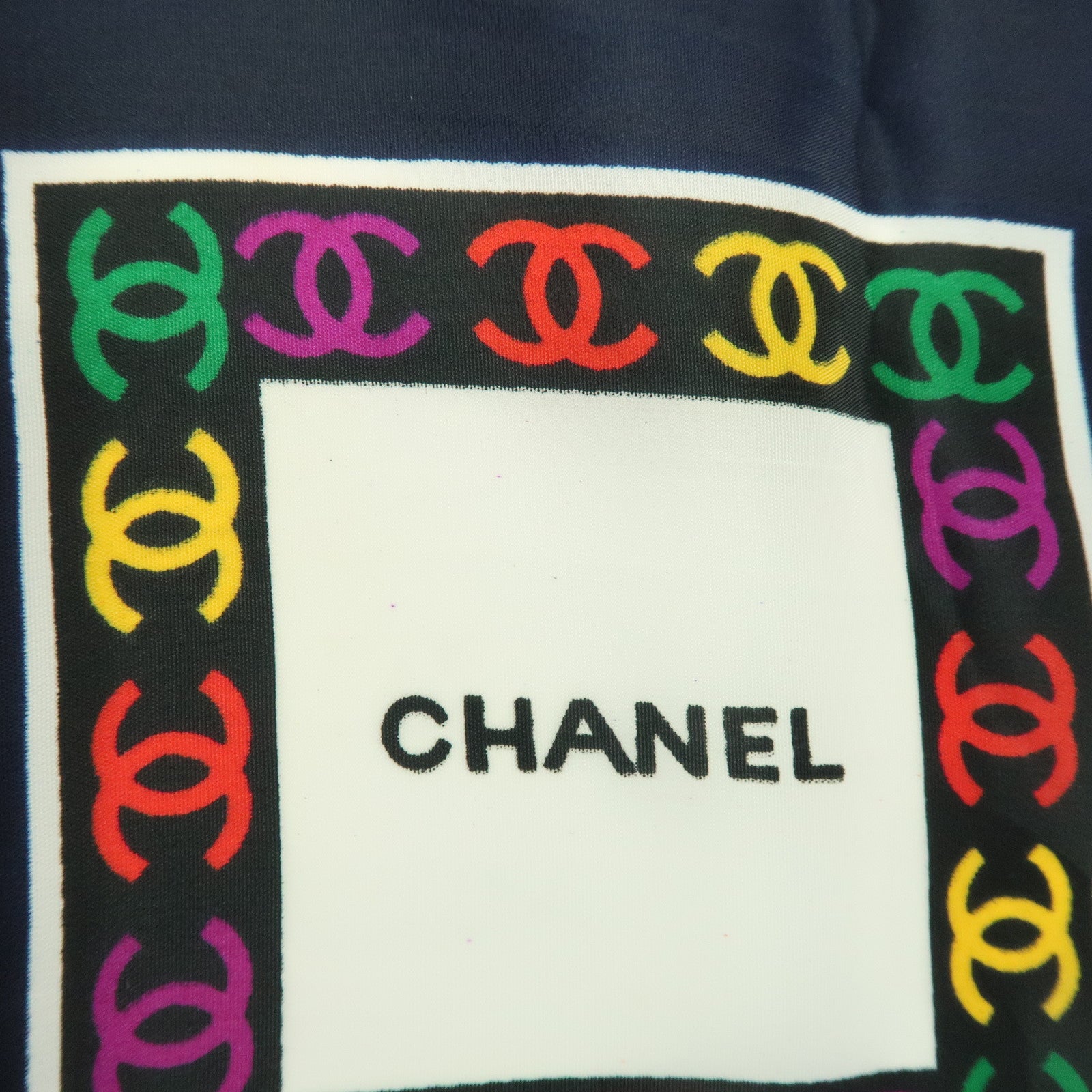 CHANEL COCO Mark Silk 100% Scarf Logo Print Black Multicolor