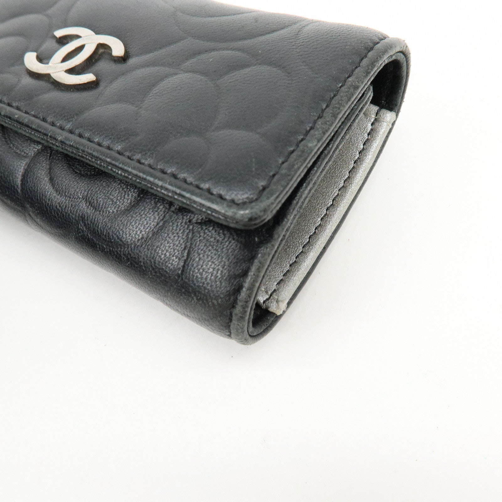 CHANEL Camelia Lamb Skin Leather Key Case Key Holder Black