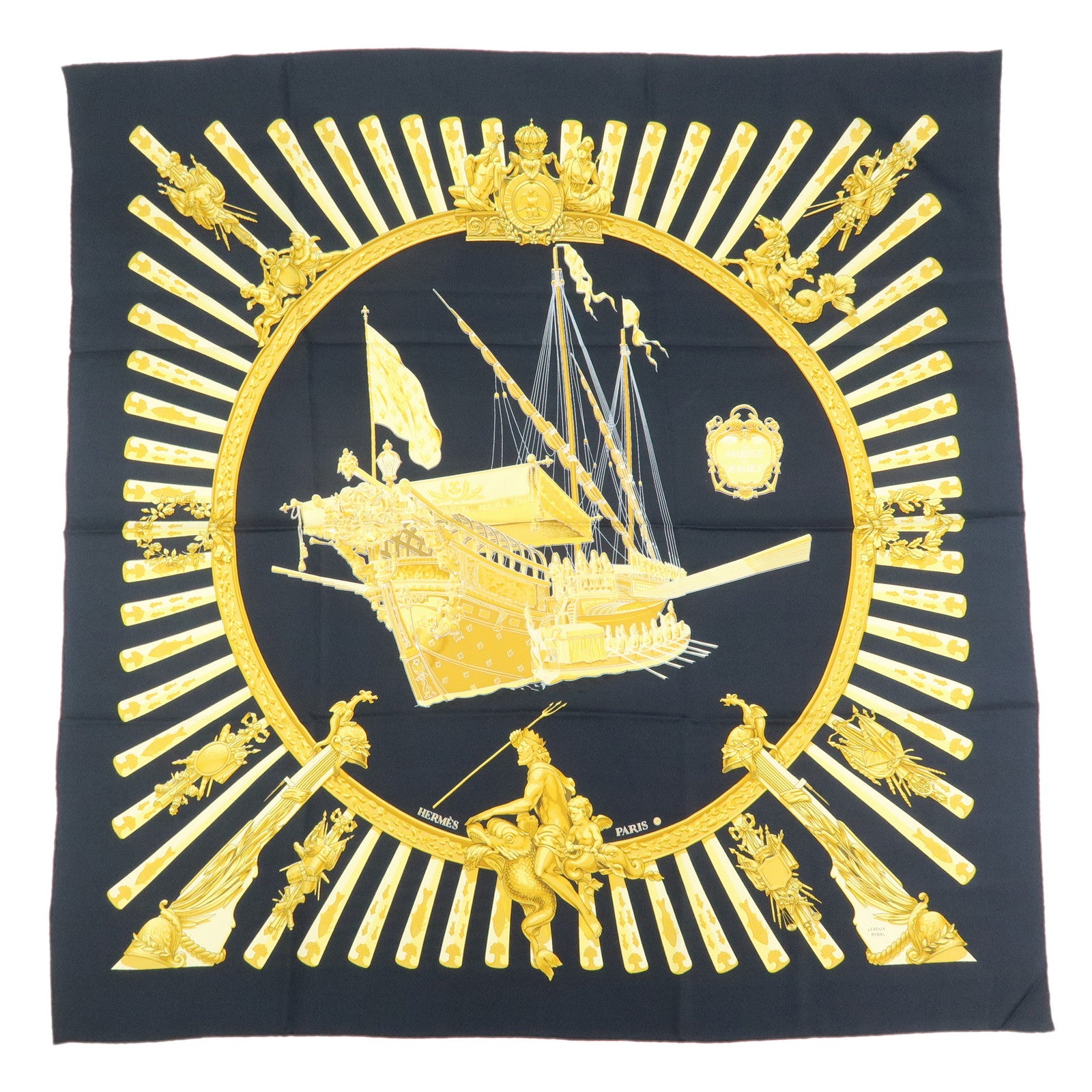 HERMES Carre 90 Silk 100% Scarf la MARINE a RAMES Black Yellow