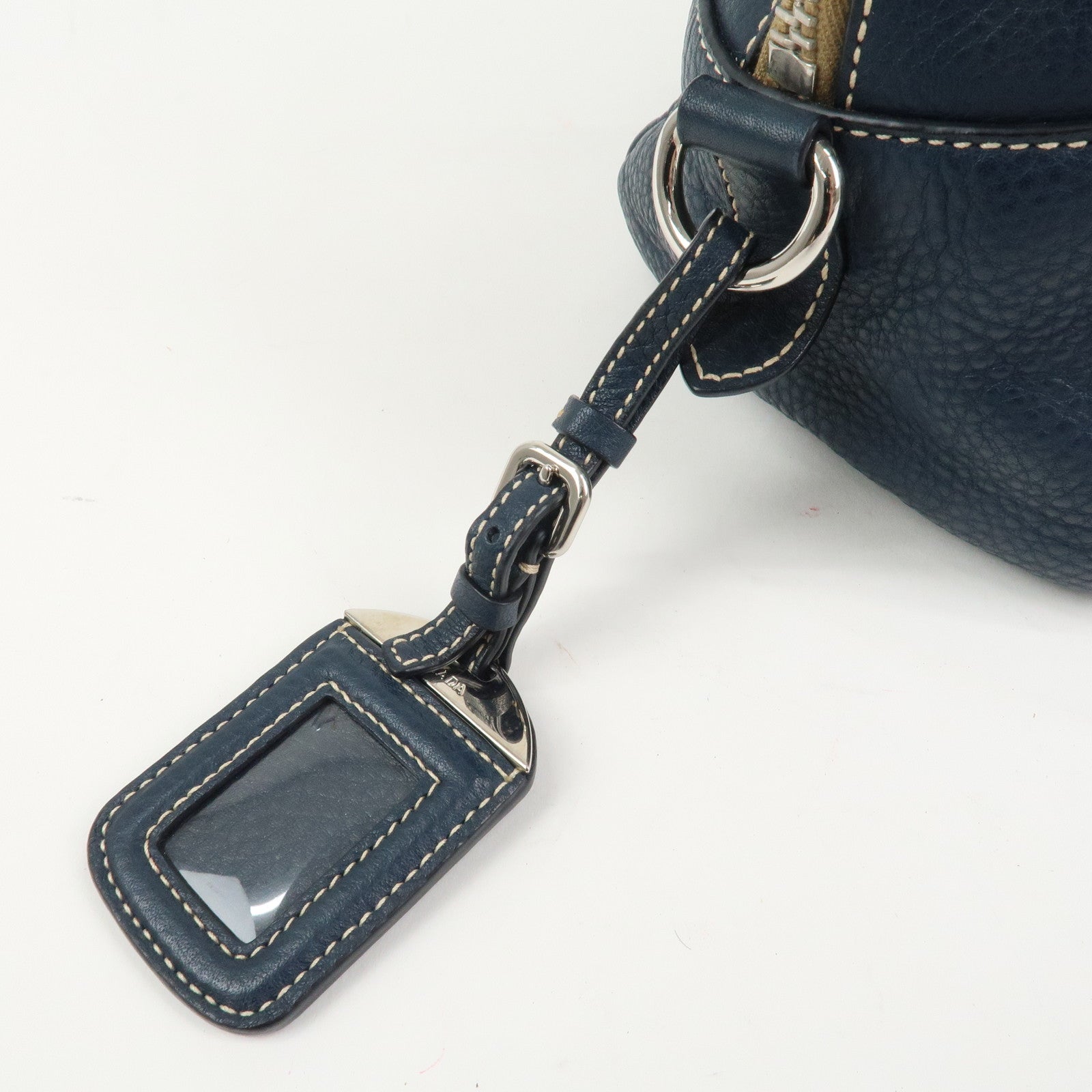 PRADA Logo Leather Boston Bag Hand Bag Navy BR3091