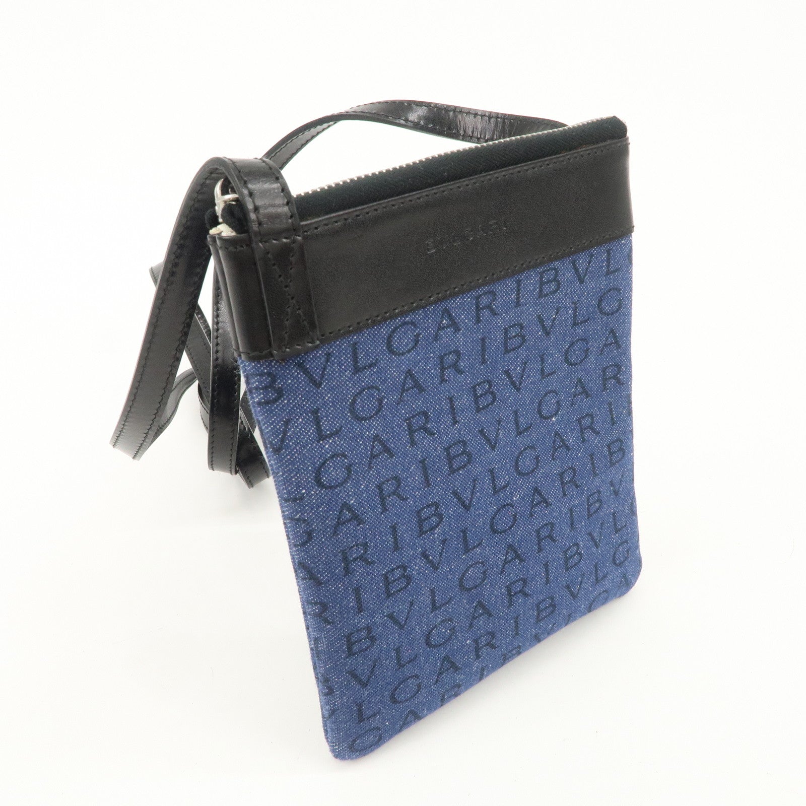 BVLGARI Logo Mania Denim Leather Shoulder Bag Crossbody Bag Blue