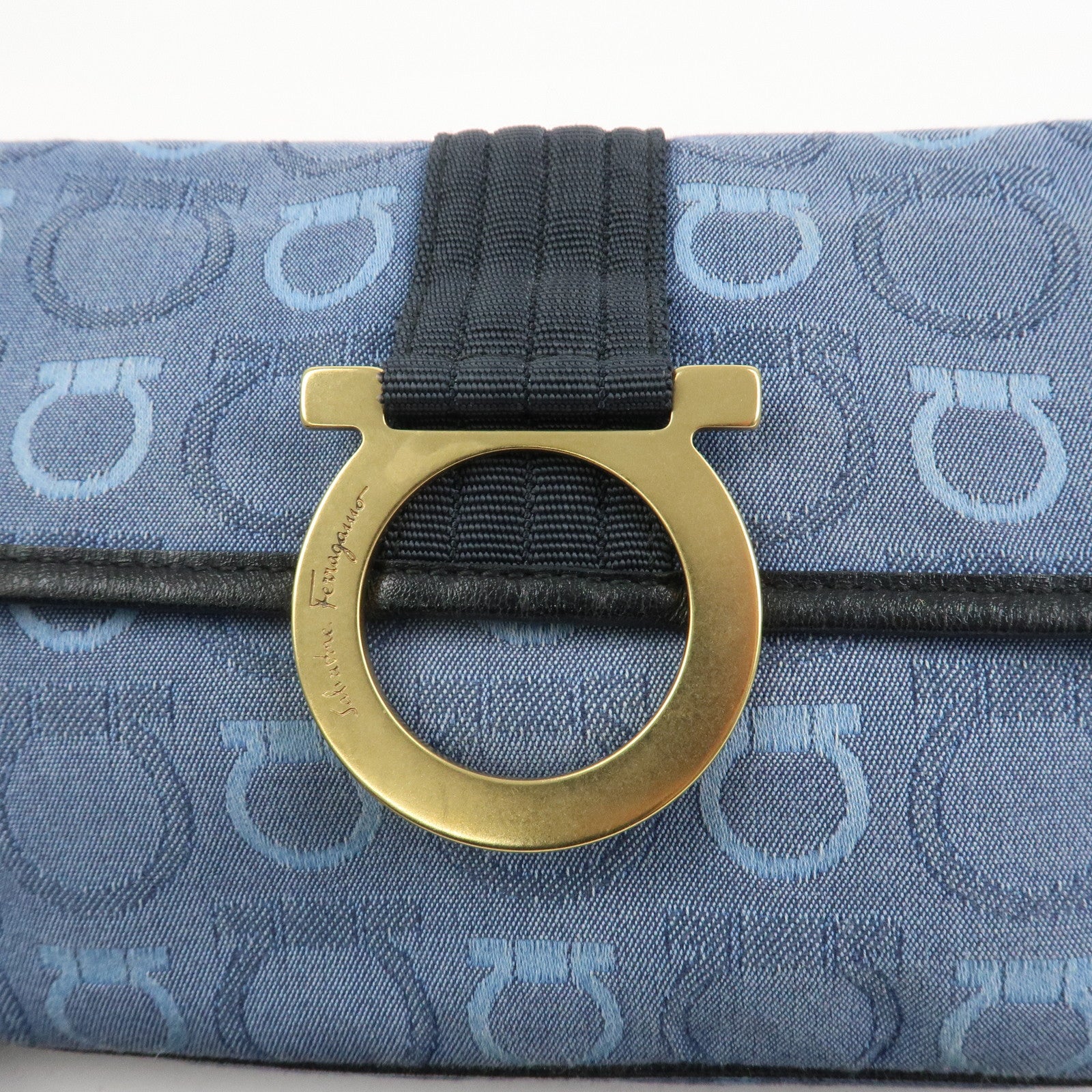 Ferragamo Gancini Canvas Leather Shoulder Bag Navy Black