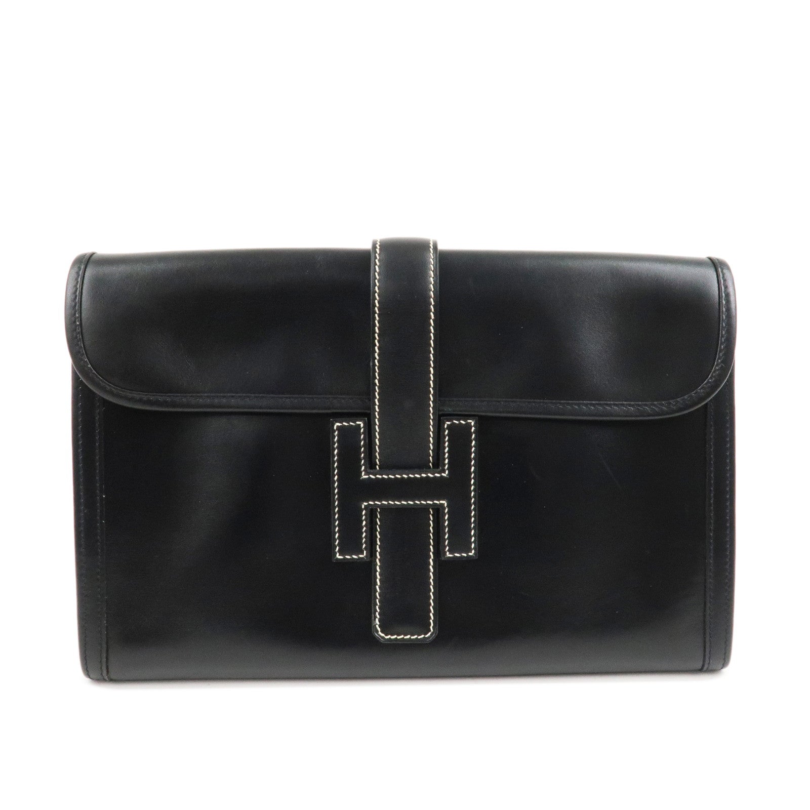 HERMES Box Calf Leather Jige PM Clutch Bag Black