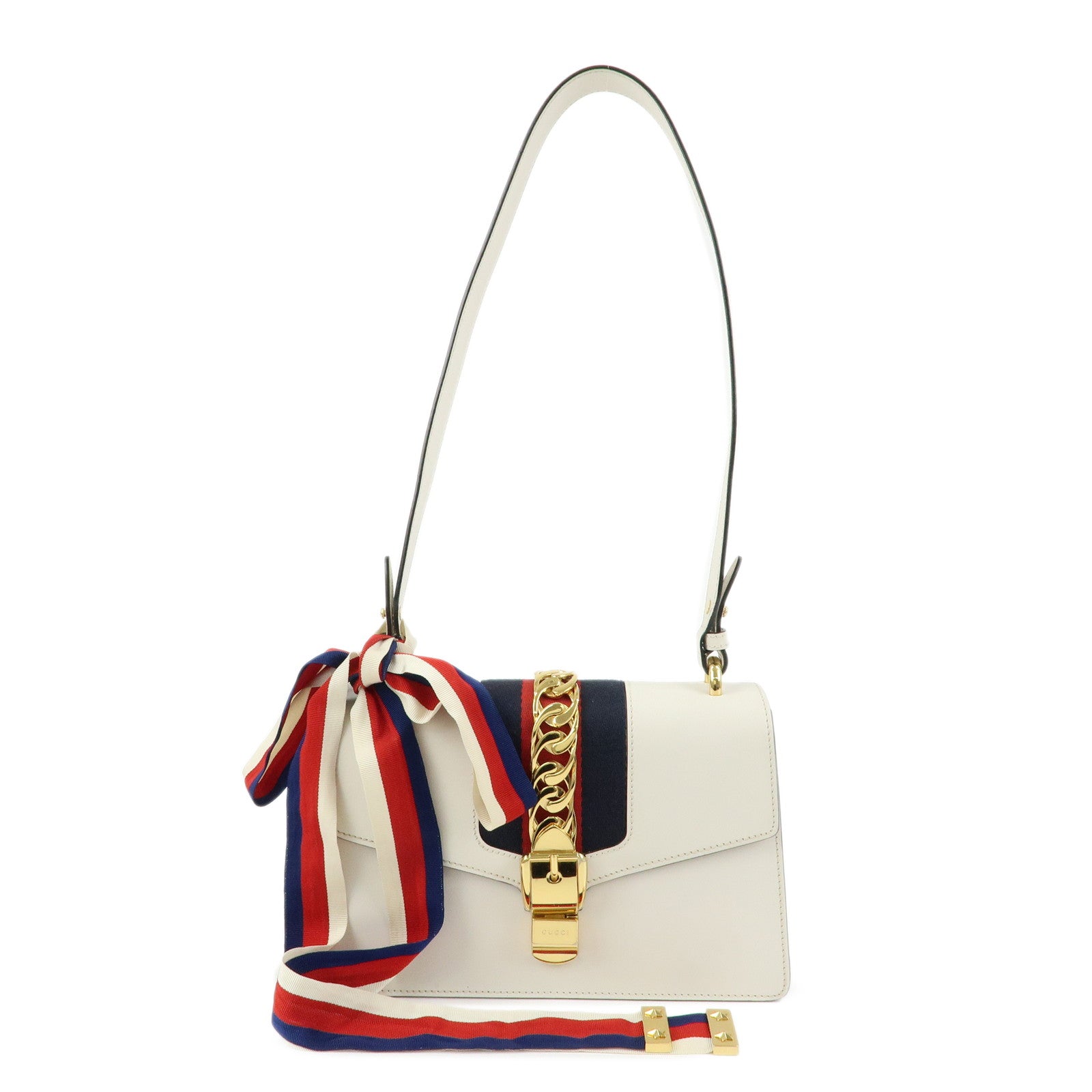 GUCCI Sylvie Sherry Leather Shoulder Bag Ribbon Charm White 421882