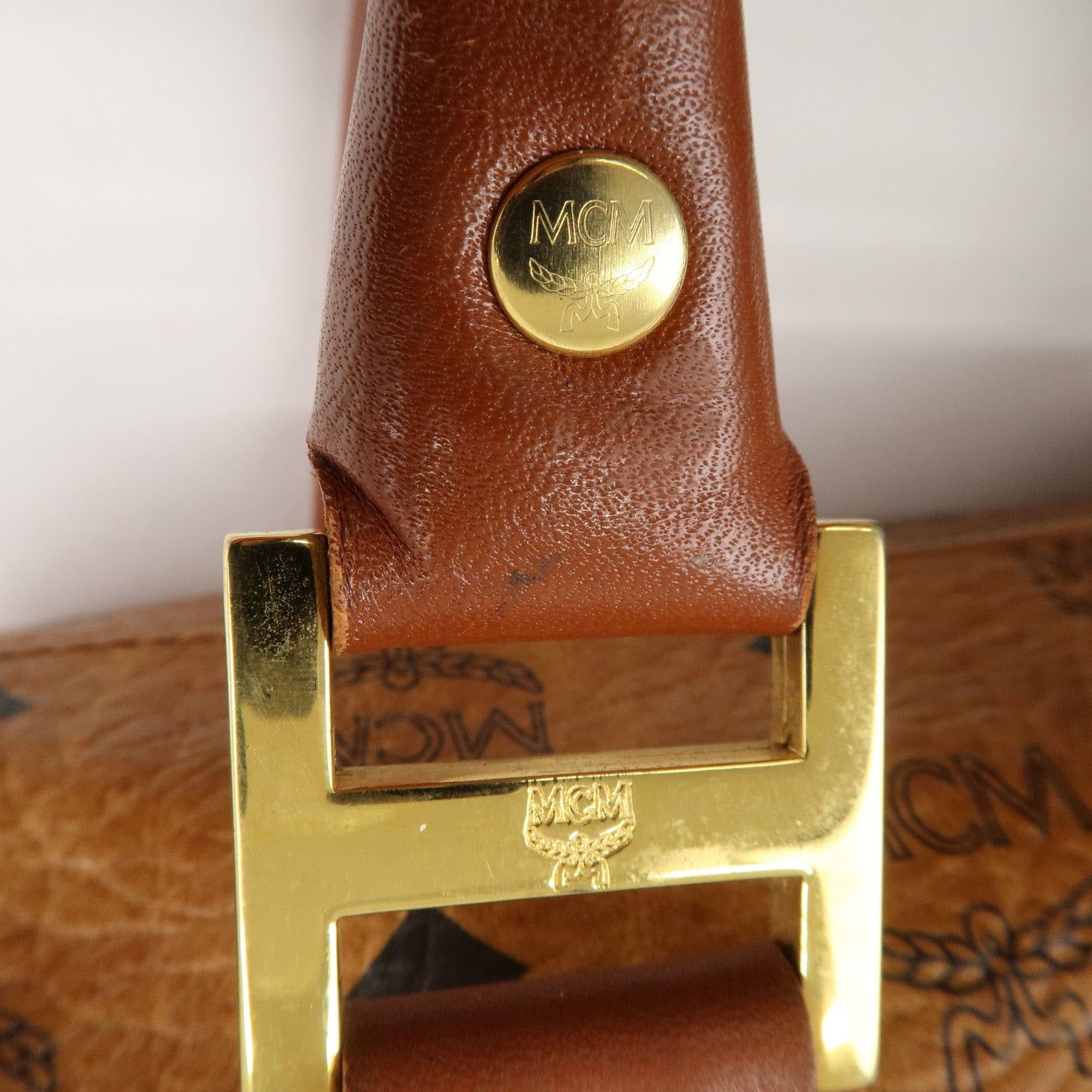 MCM Visetos Leather Boston Bag Hand Bag Brown Gold Hardware Used