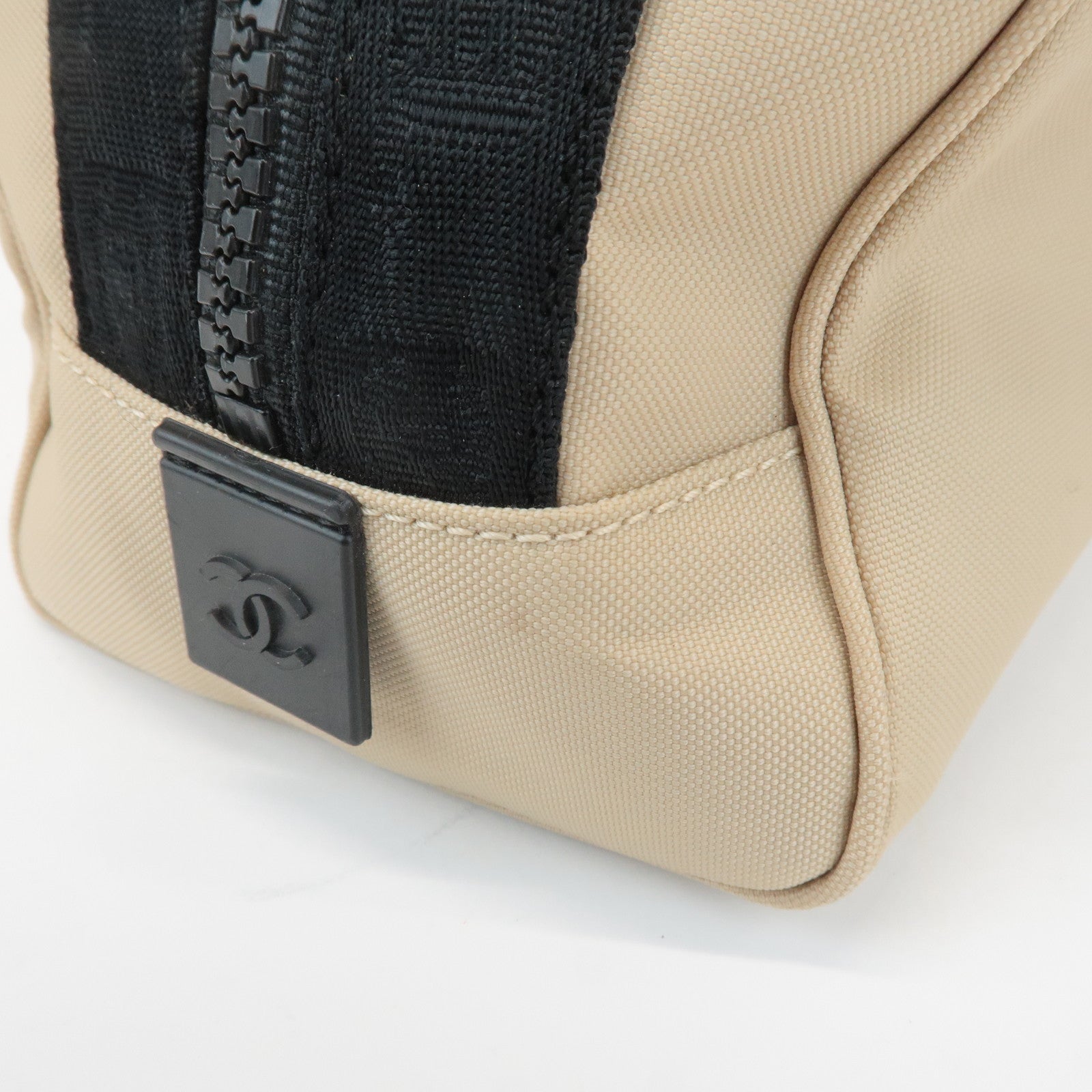 CHANEL Sports Line Nylon Leather Pouch Beige Black