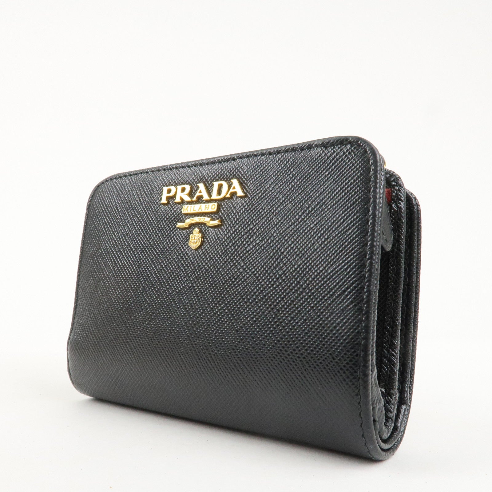 PRADA Saffiano Leather Bi-Fold Wallet Black Red Gold 1ML018 Used