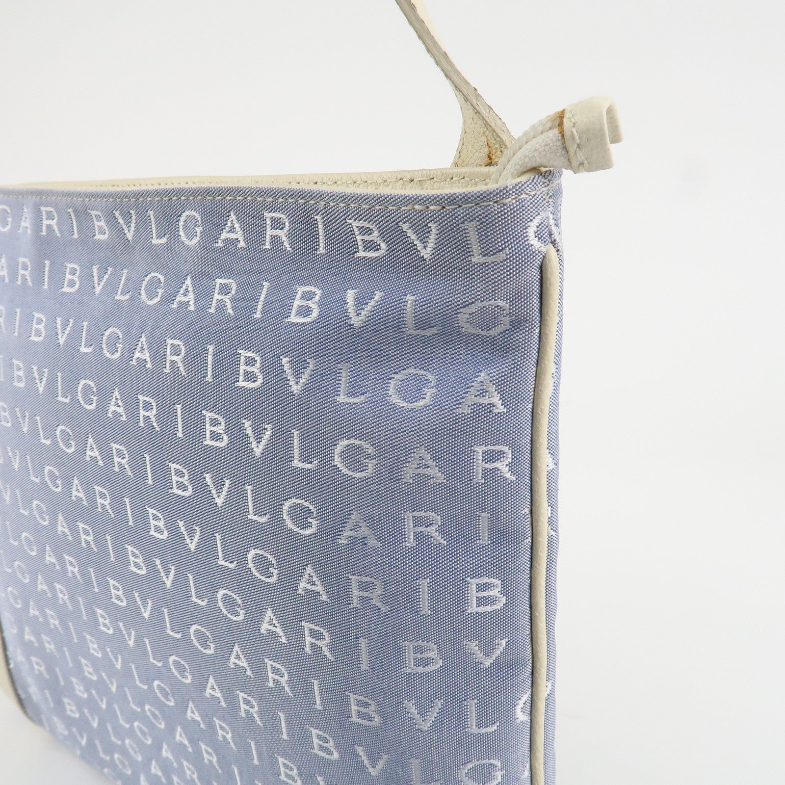 BVLGARI Logo Mania Leather Canvas Shoulder Bag Ivory Light Blue Used